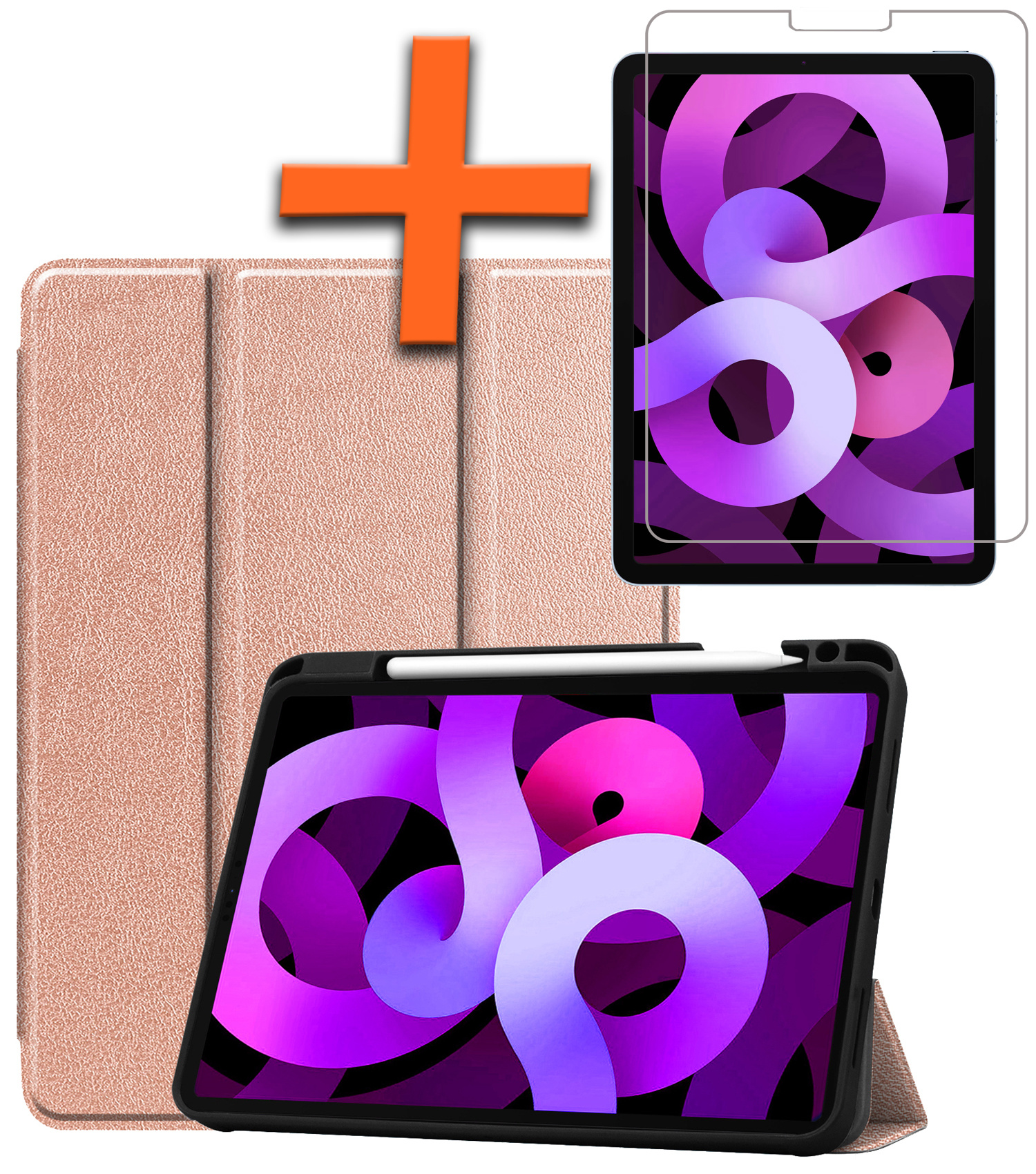 Nomfy Hoes Geschikt voor iPad Air 2022 Hoes Tri-fold Tablet Hoesje Case Met Uitsparing Geschikt voor Apple Pencil Met Screenprotector - Hoesje Geschikt voor iPad Air 5 2022 Hoesje Hardcover Bookcase - Rosé goud