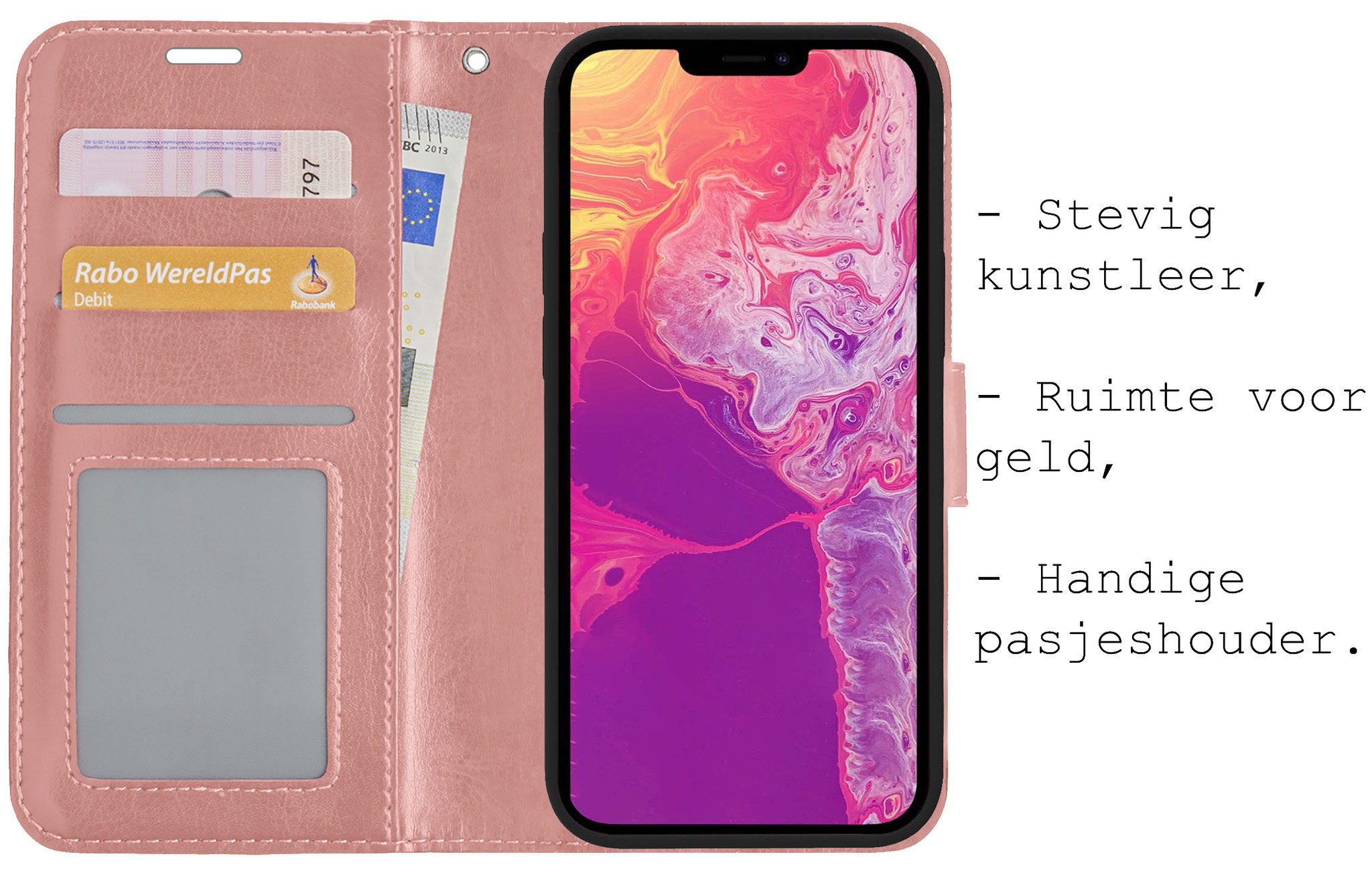 BASEY. iPhone 13 Mini Hoesje Bookcase 2x Screenprotector - iPhone 13 Mini Case Hoes Cover - iPhone 13 Mini Screenprotector 2x - Rosé Goud