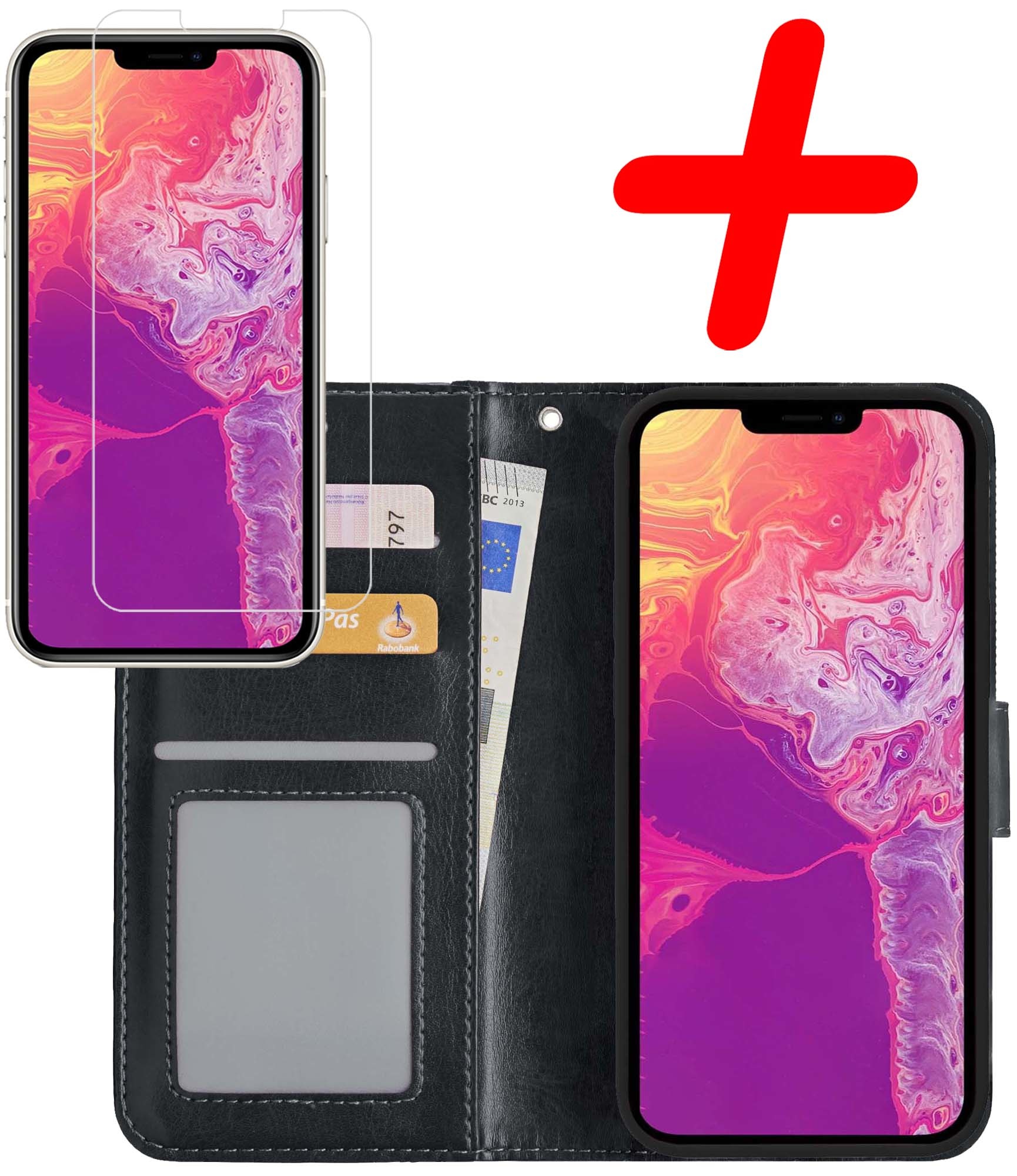 BASEY. Hoes Geschikt voor iPhone 13 Mini Hoesje Bookcase Hoes Flip Case Book Cover Met Screenprotector - Hoesje Geschikt voor iPhone 13 Mini Hoes Book Case Hoesje - Zwart