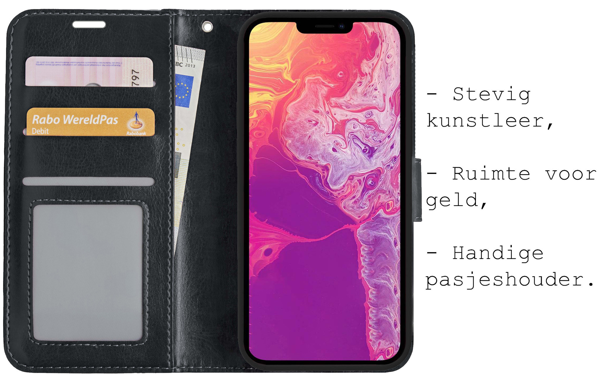 BASEY. Hoes Geschikt voor iPhone 13 Hoesje Bookcase Hoes Flip Case Book Cover Met Screenprotector - Hoesje Geschikt voor iPhone 13 Hoes Book Case Hoesje - Zwart
