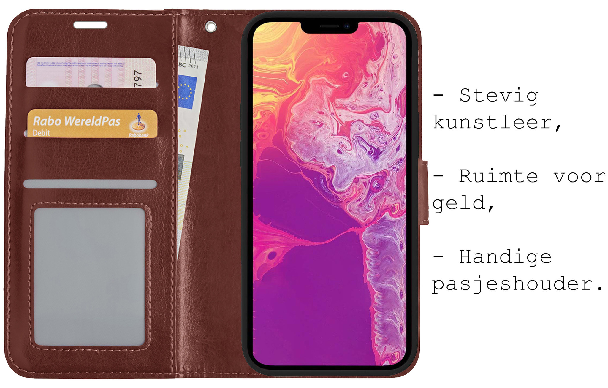 BASEY. Hoes Geschikt voor iPhone 13 Hoesje Bookcase Hoes Flip Case Book Cover Met 2x Screenprotector - Hoesje Geschikt voor iPhone 13 Hoes Book Case Hoesje - Bruin