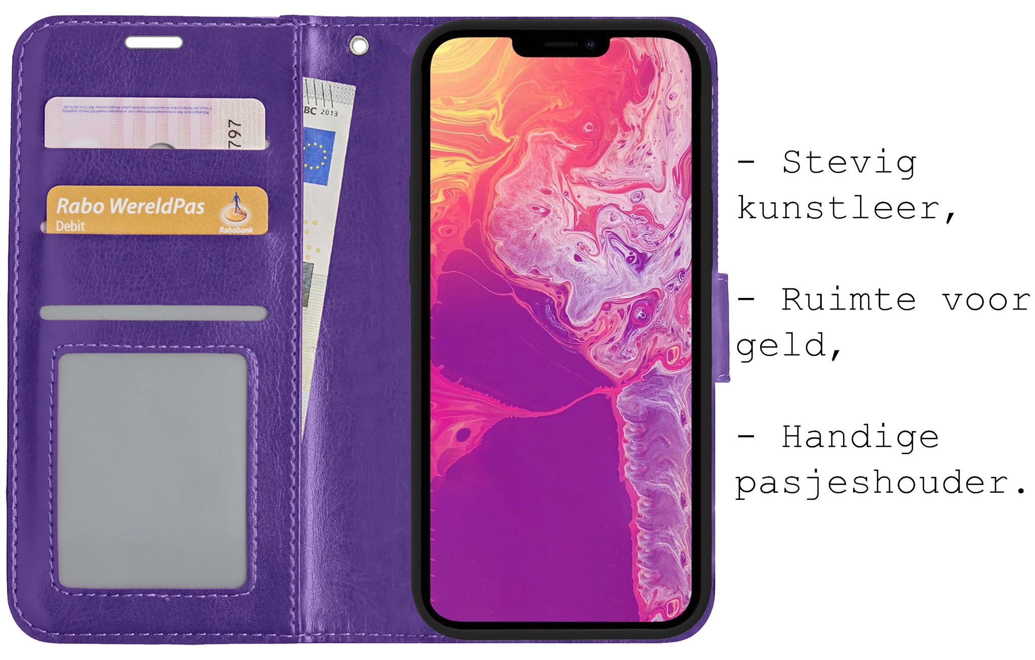 BASEY. Hoes Geschikt voor iPhone 13 Hoesje Bookcase Hoes Flip Case Book Cover Met 2x Screenprotector - Hoesje Geschikt voor iPhone 13 Hoes Book Case Hoesje - Paars