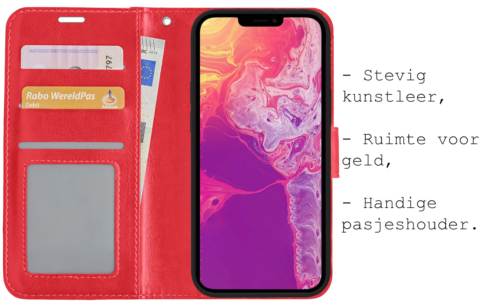 BASEY. Hoes Geschikt voor iPhone 13 Hoesje Bookcase Hoes Flip Case Book Cover Met 2x Screenprotector - Hoesje Geschikt voor iPhone 13 Hoes Book Case Hoesje - Rood