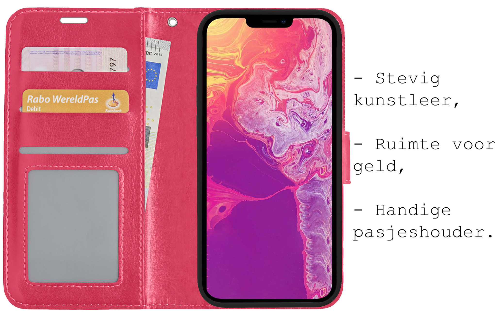 BASEY. Hoes Geschikt voor iPhone 13 Pro Hoesje Bookcase Hoes Flip Case Book Cover Met Screenprotector - Hoesje Geschikt voor iPhone 13 Pro Hoes Book Case Hoesje - Donkerroze