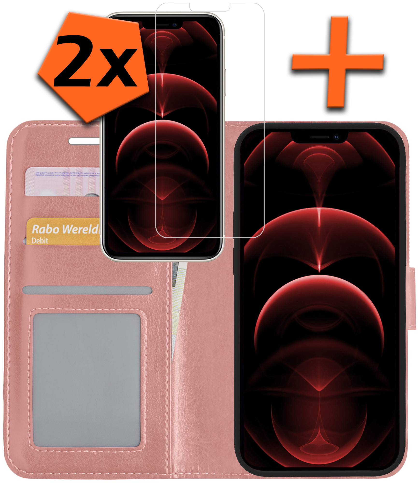 Nomfy Hoesje Geschikt voor iPhone 13 Pro Max Hoes Bookcase Flipcase Book Cover Met 2x Screenprotector - Hoes Geschikt voor iPhone 13 Pro Max Hoesje Book Case - Rosé goud
