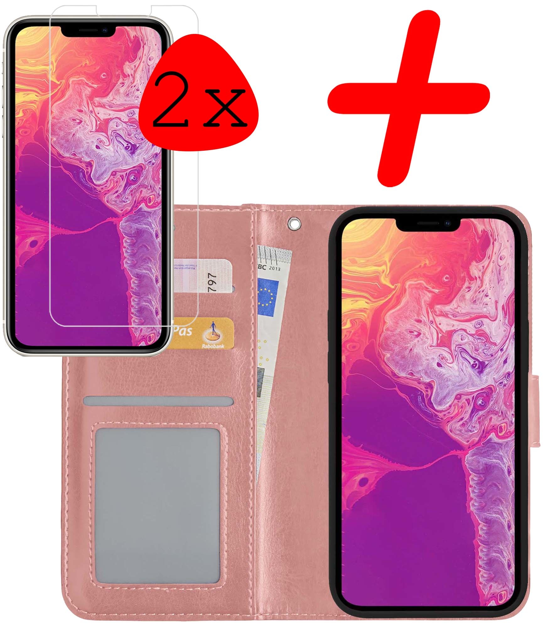 BASEY. iPhone 13 Mini Hoesje Bookcase 2x Screenprotector - iPhone 13 Mini Case Hoes Cover - iPhone 13 Mini Screenprotector 2x - Rosé Goud