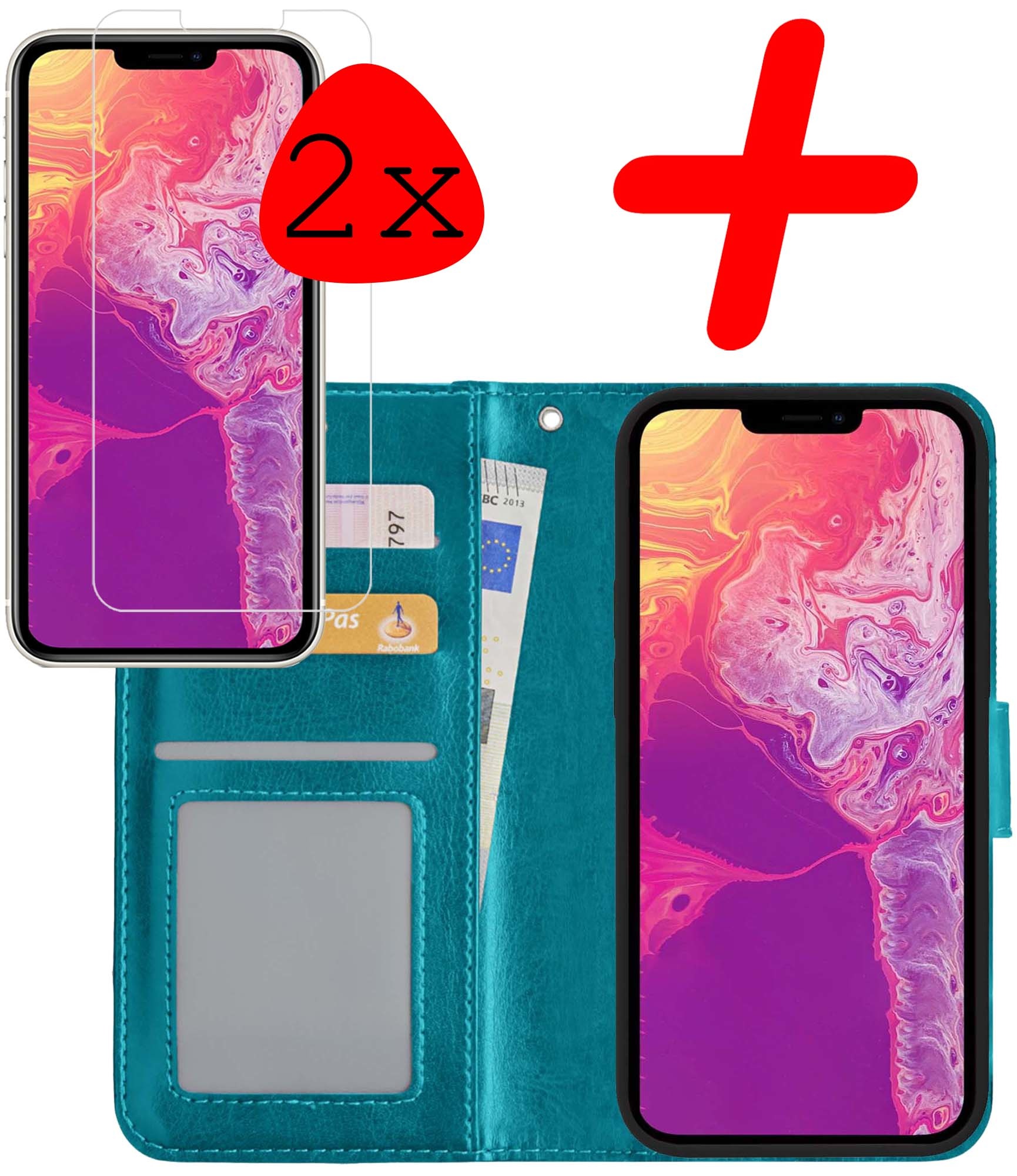 BASEY. Hoes Geschikt voor iPhone 13 Mini Hoesje Bookcase Hoes Flip Case Book Cover Met 2x Screenprotector - Hoesje Geschikt voor iPhone 13 Mini Hoes Book Case Hoesje - Turquoise