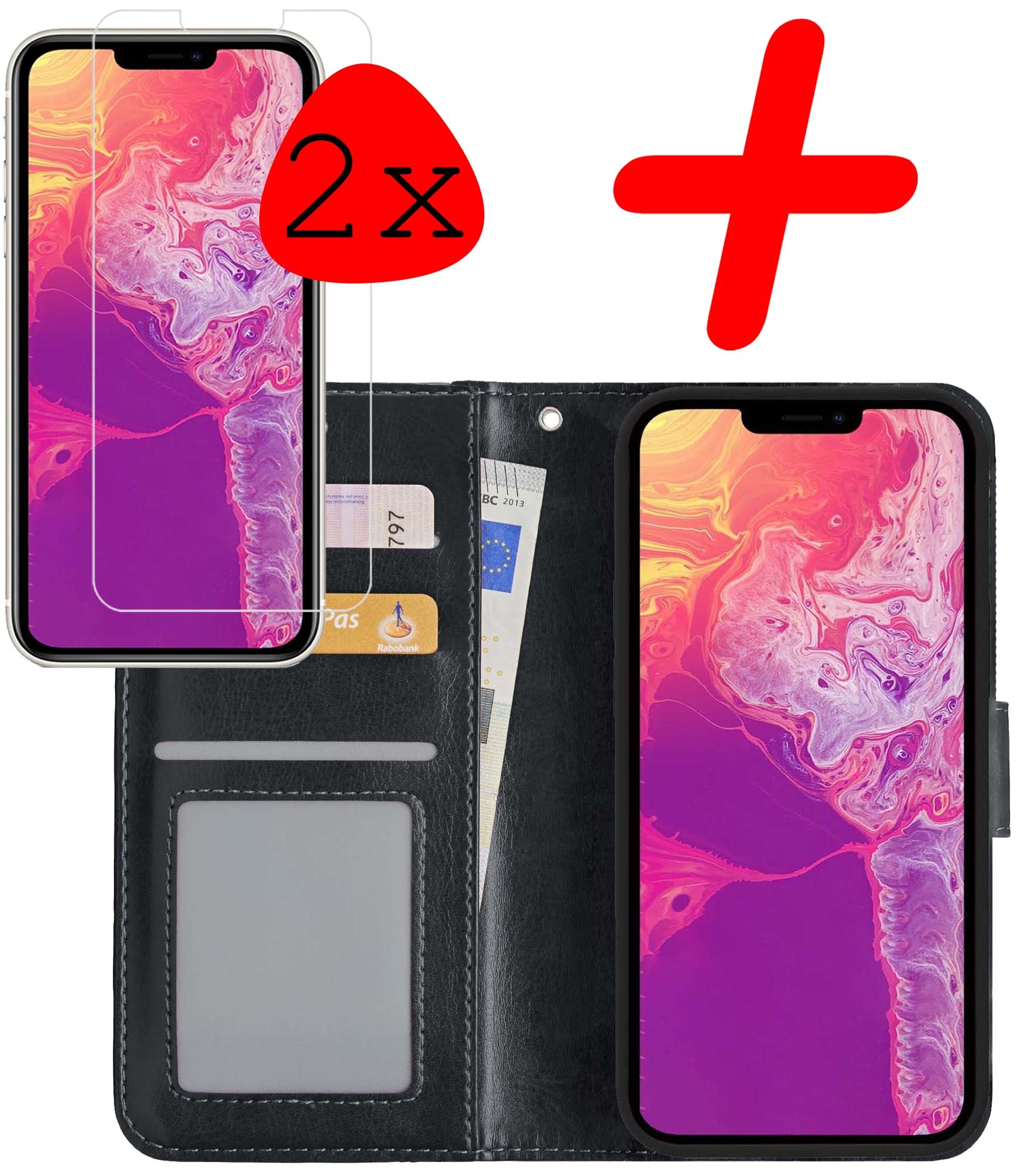BASEY. iPhone 13 Pro Max Hoesje Bookcase 2x Screenprotector - iPhone 13 Pro Max Case Hoes Cover - iPhone 13 Pro Max Screenprotector 2x - Zwart
