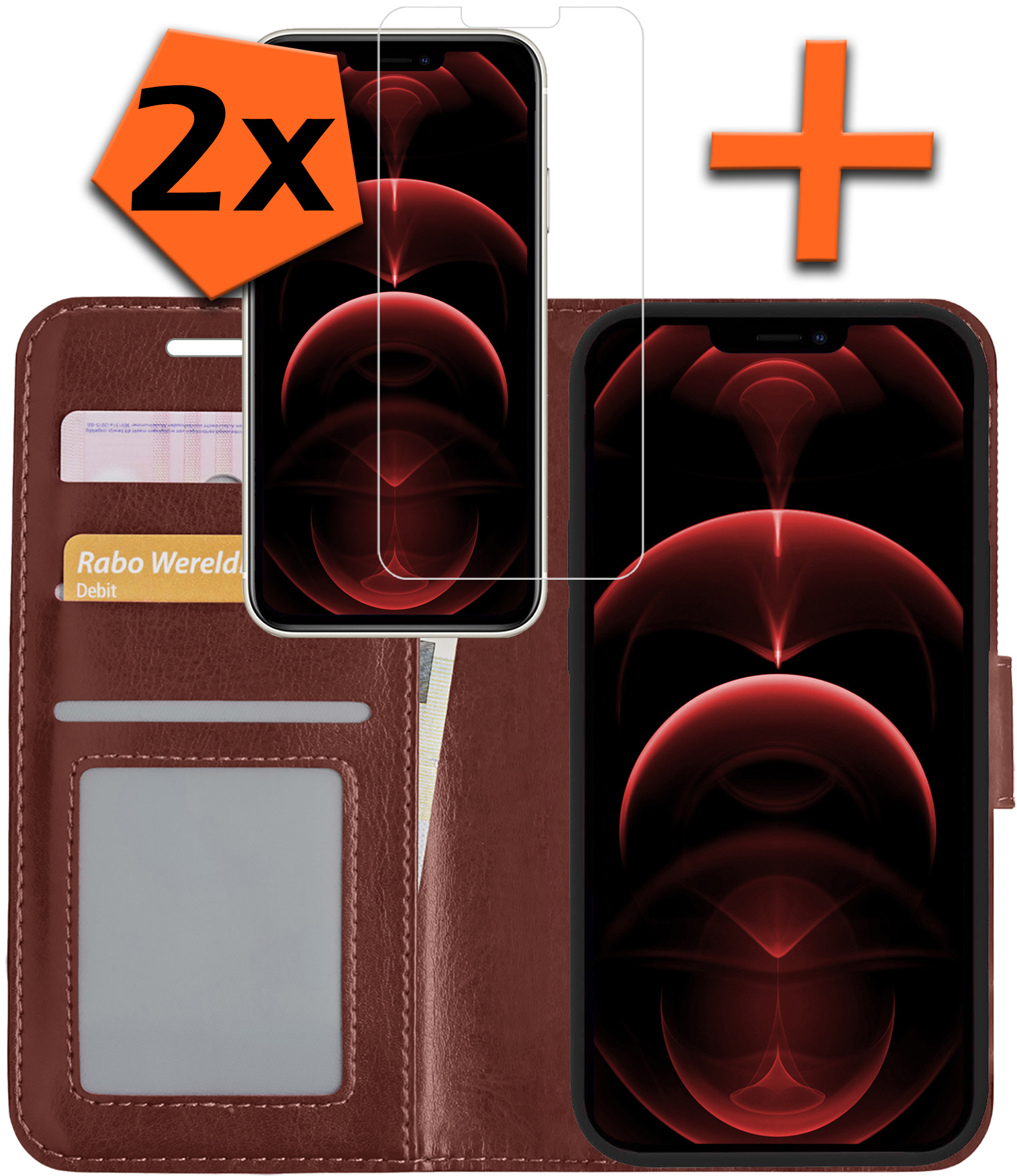Nomfy Hoesje Geschikt voor iPhone 13 Mini Hoes Bookcase Flipcase Book Cover Met 2x Screenprotector - Hoes Geschikt voor iPhone 13 Mini Hoesje Book Case - Bruin