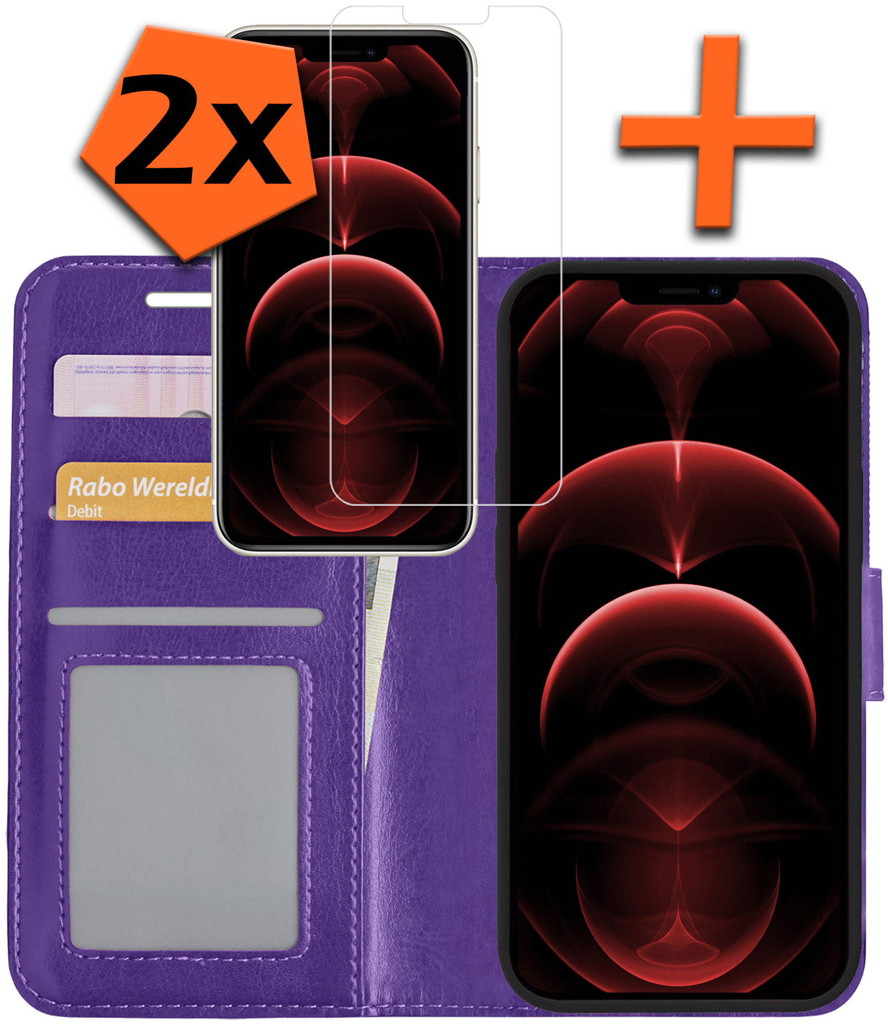 Nomfy Hoesje Geschikt voor iPhone 13 Mini Hoes Bookcase Flipcase Book Cover Met 2x Screenprotector - Hoes Geschikt voor iPhone 13 Mini Hoesje Book Case - Paars