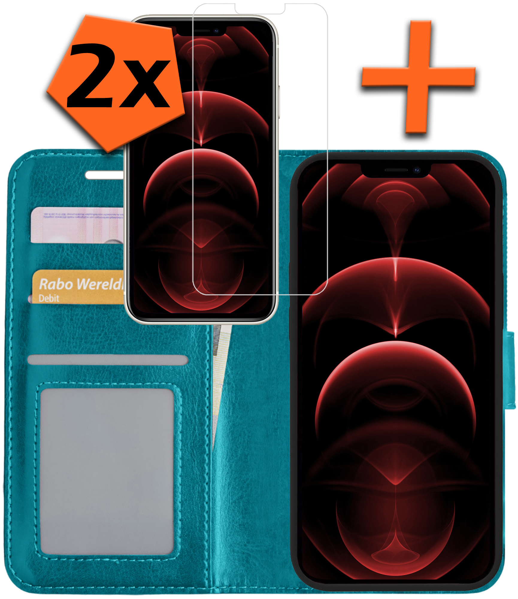 Nomfy Hoesje Geschikt voor iPhone 13 Mini Hoes Bookcase Flipcase Book Cover Met 2x Screenprotector - Hoes Geschikt voor iPhone 13 Mini Hoesje Book Case - Turquoise