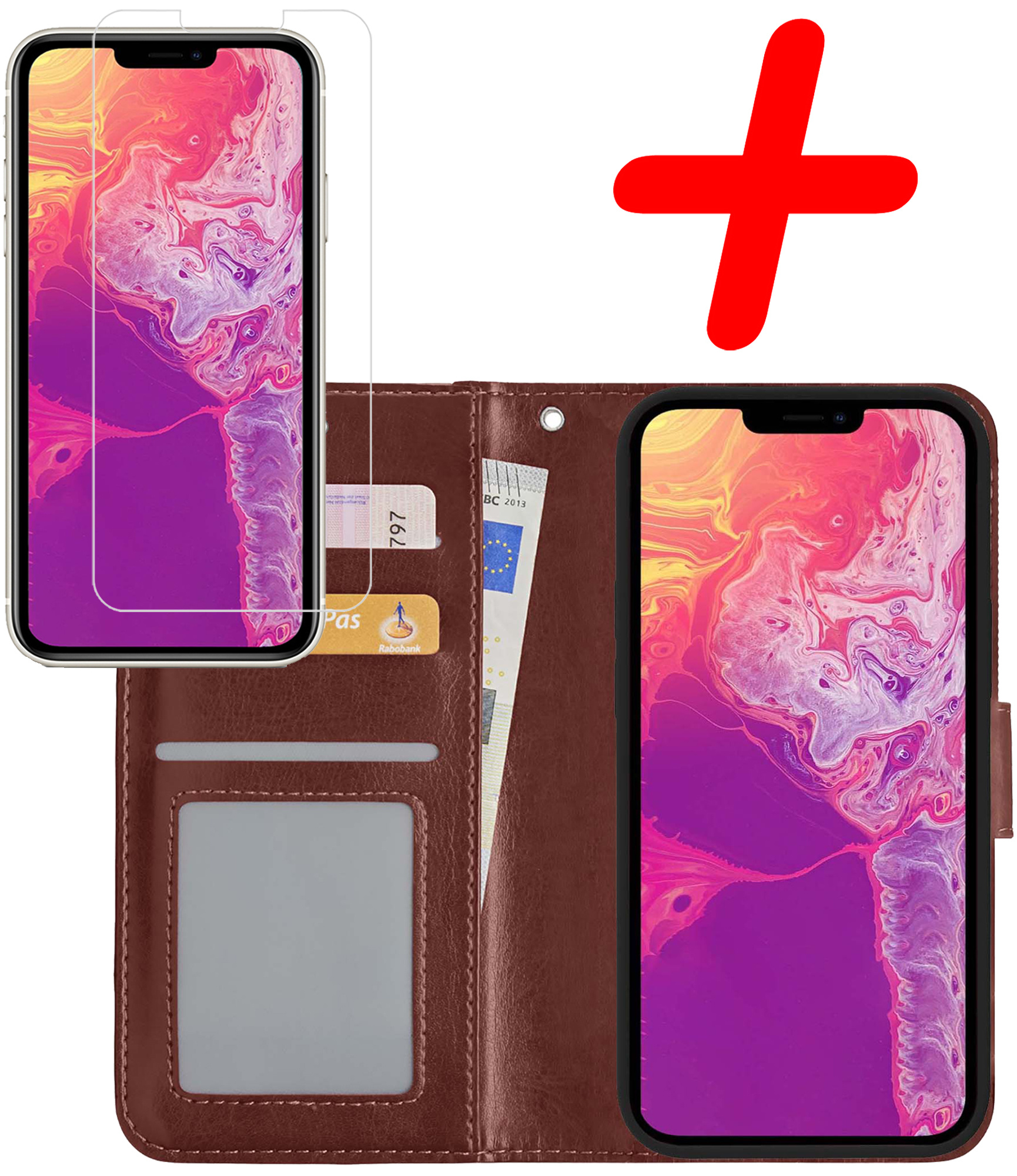 BASEY. Hoes Geschikt voor iPhone 13 Hoesje Bookcase Hoes Flip Case Book Cover Met Screenprotector - Hoesje Geschikt voor iPhone 13 Hoes Book Case Hoesje - Bruin