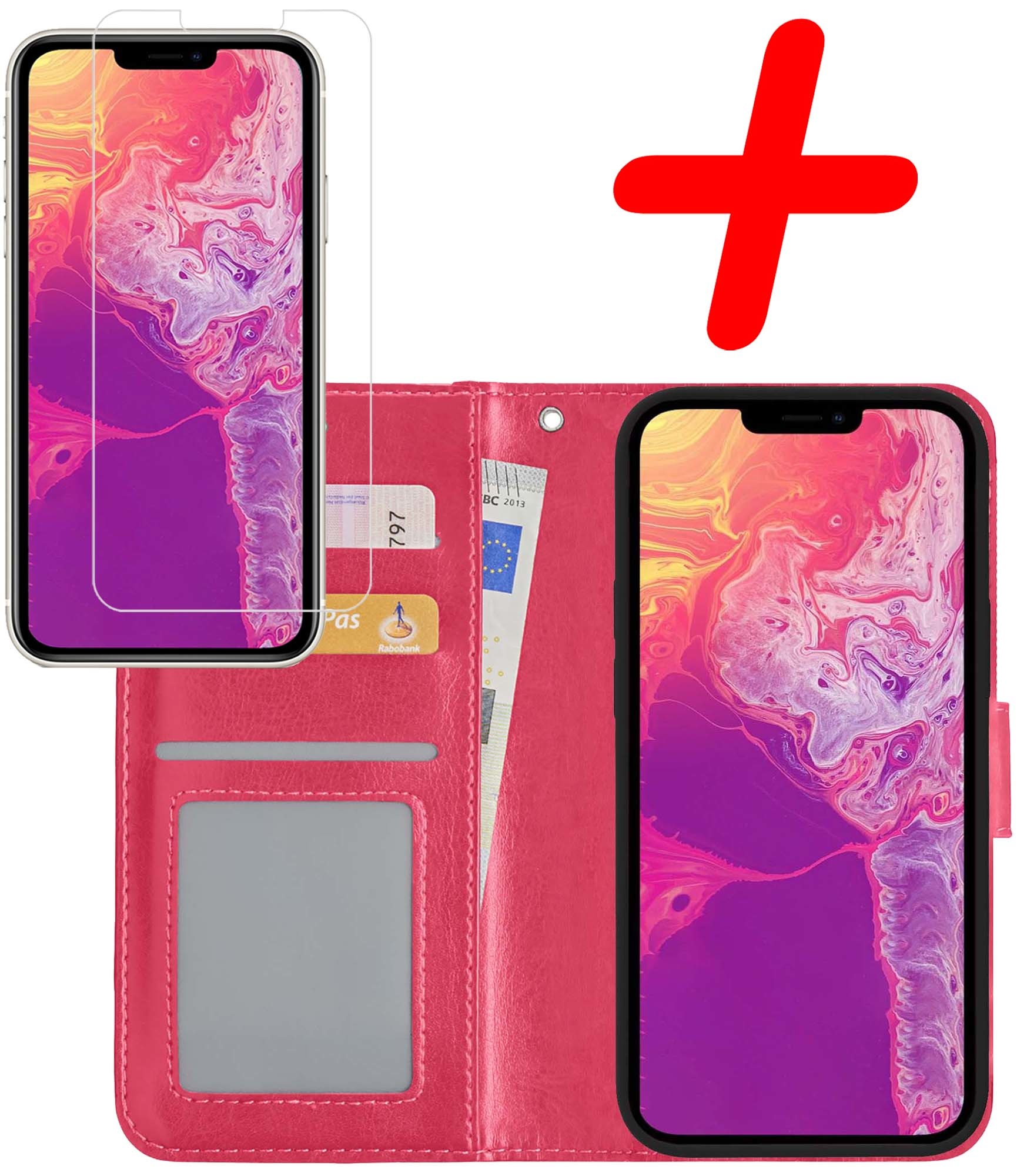 BASEY. Hoes Geschikt voor iPhone 13 Hoesje Bookcase Hoes Flip Case Book Cover Met Screenprotector - Hoesje Geschikt voor iPhone 13 Hoes Book Case Hoesje - Donkerroze