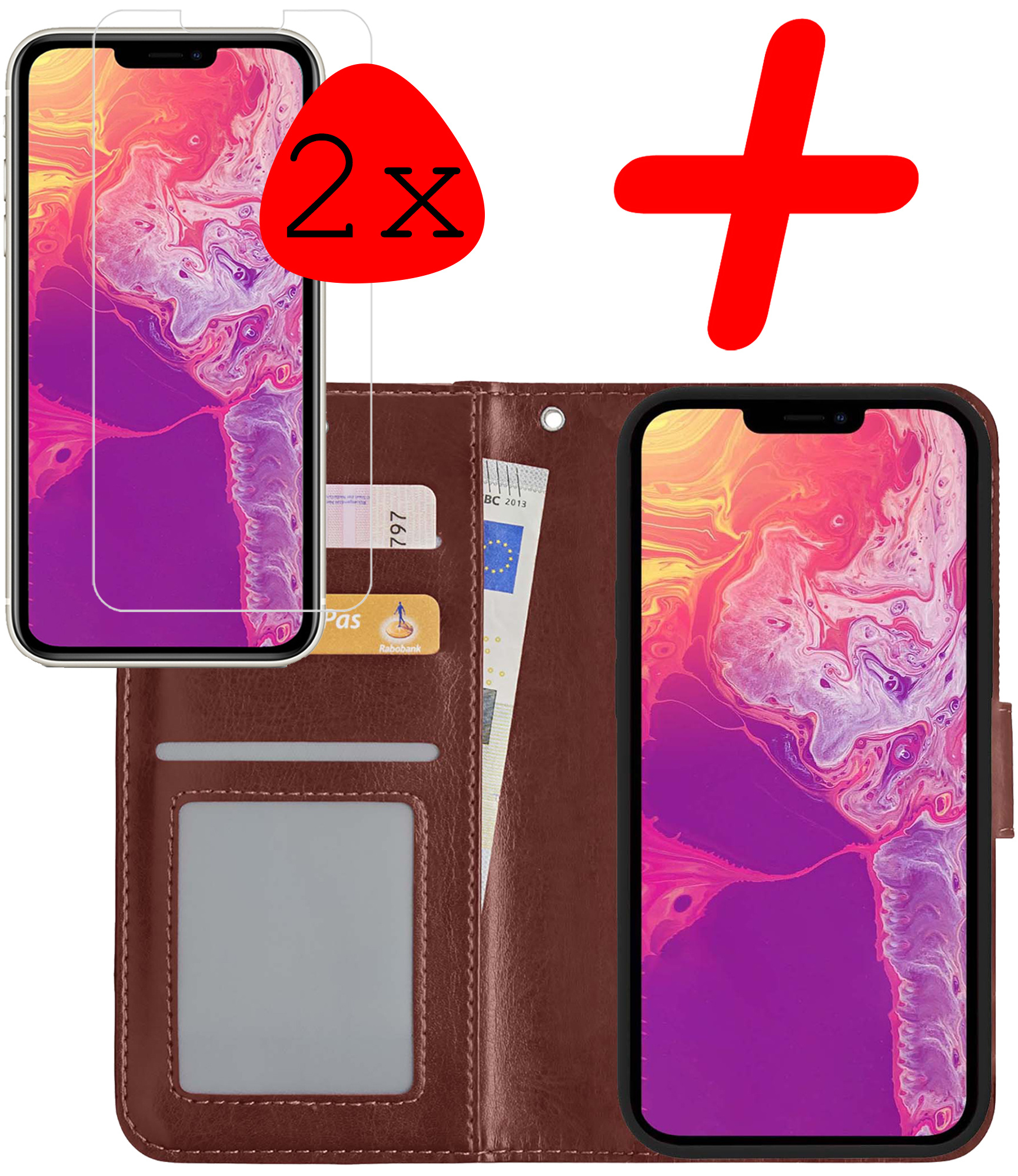BASEY. Hoes Geschikt voor iPhone 13 Hoesje Bookcase Hoes Flip Case Book Cover Met 2x Screenprotector - Hoesje Geschikt voor iPhone 13 Hoes Book Case Hoesje - Bruin