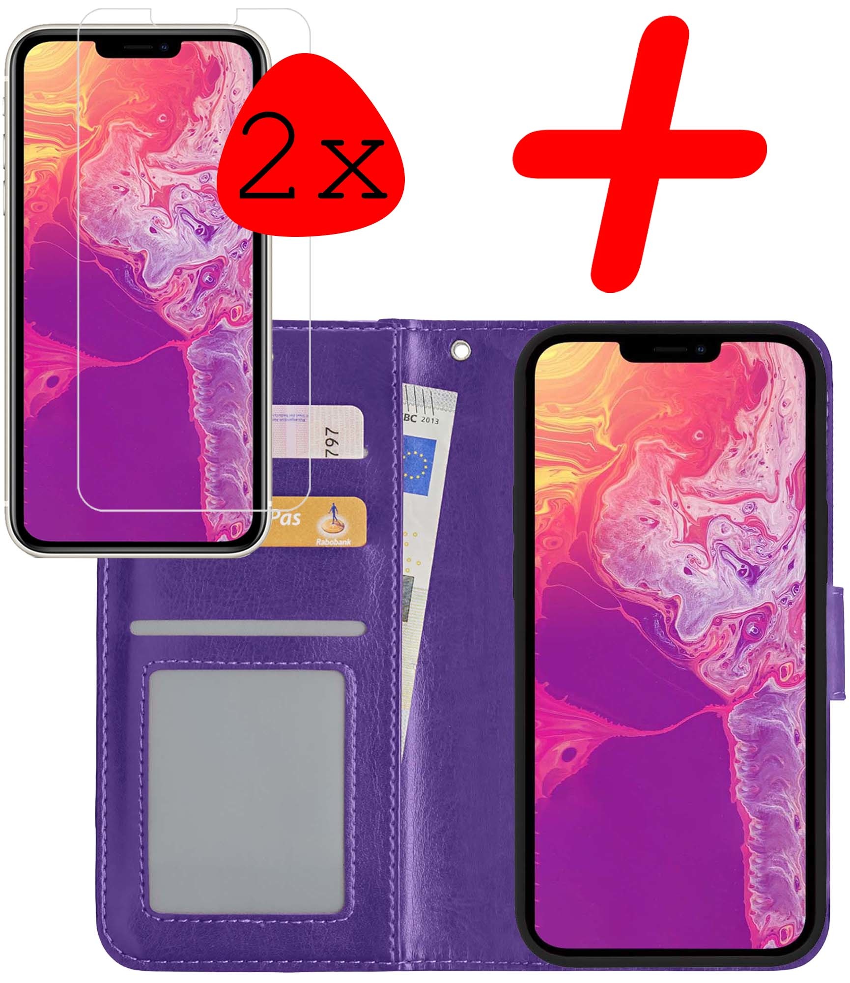 BASEY. Hoes Geschikt voor iPhone 13 Hoesje Bookcase Hoes Flip Case Book Cover Met 2x Screenprotector - Hoesje Geschikt voor iPhone 13 Hoes Book Case Hoesje - Paars