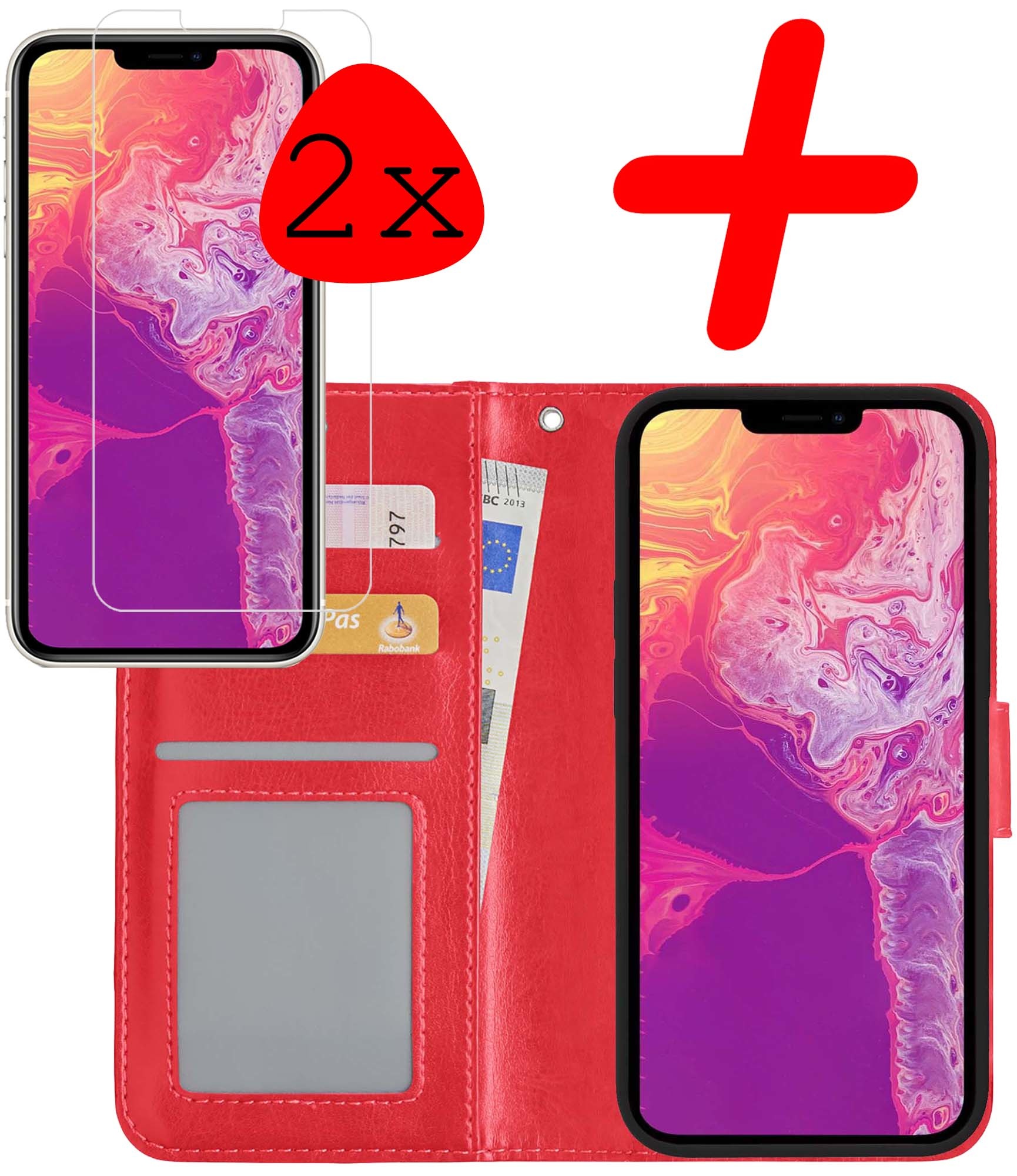 BASEY. Hoes Geschikt voor iPhone 13 Hoesje Bookcase Hoes Flip Case Book Cover Met 2x Screenprotector - Hoesje Geschikt voor iPhone 13 Hoes Book Case Hoesje - Rood