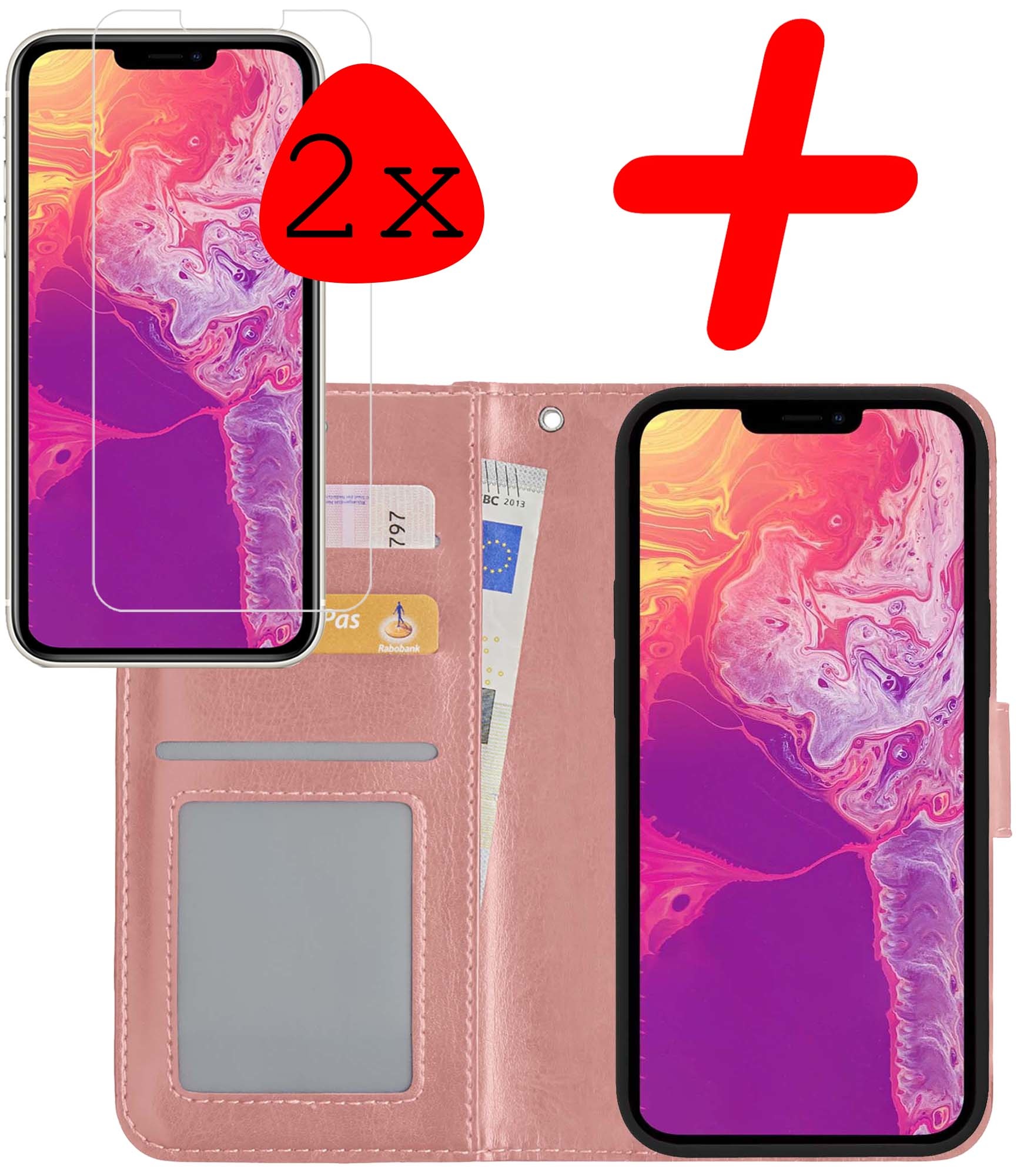 BASEY. Hoes Geschikt voor iPhone 13 Hoesje Bookcase Hoes Flip Case Book Cover Met 2x Screenprotector - Hoesje Geschikt voor iPhone 13 Hoes Book Case Hoesje - Rosé goud