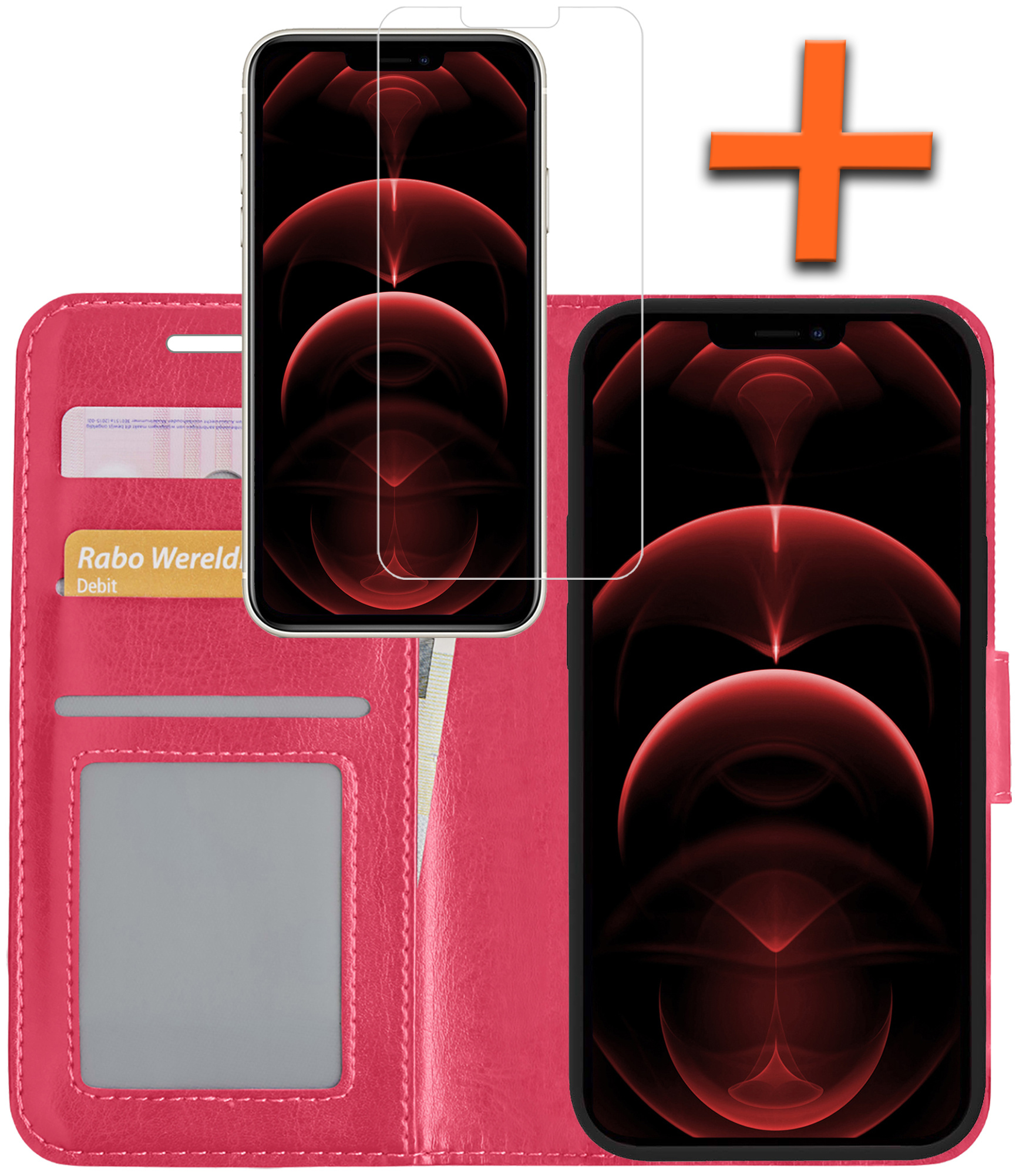 Nomfy Hoesje Geschikt voor iPhone 13 Hoes Bookcase Flipcase Book Cover Met Screenprotector - Hoes Geschikt voor iPhone 13 Hoesje Book Case - Donkerroze