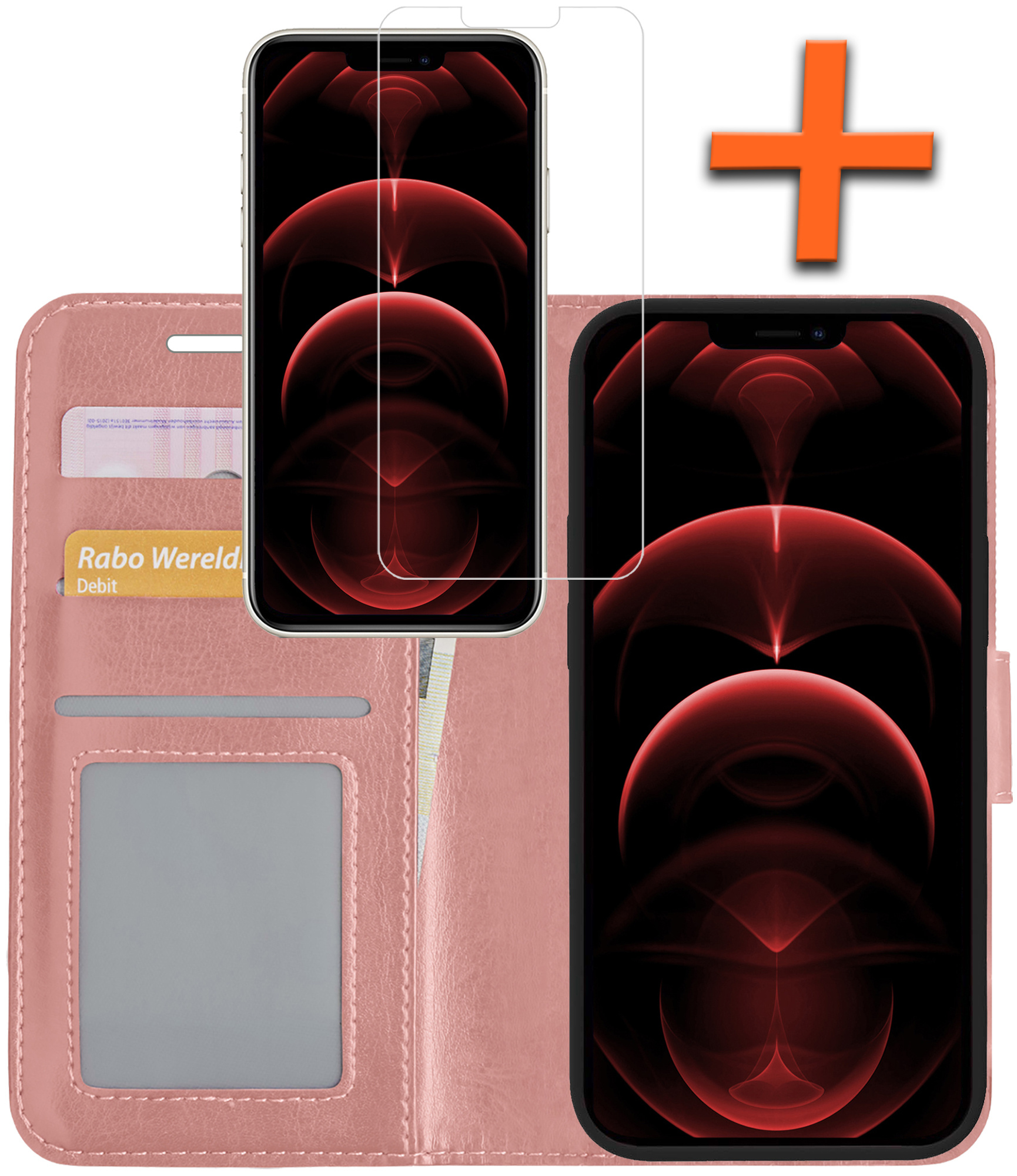 Nomfy Hoesje Geschikt voor iPhone 13 Hoes Bookcase Flipcase Book Cover Met Screenprotector - Hoes Geschikt voor iPhone 13 Hoesje Book Case - Rosé goud