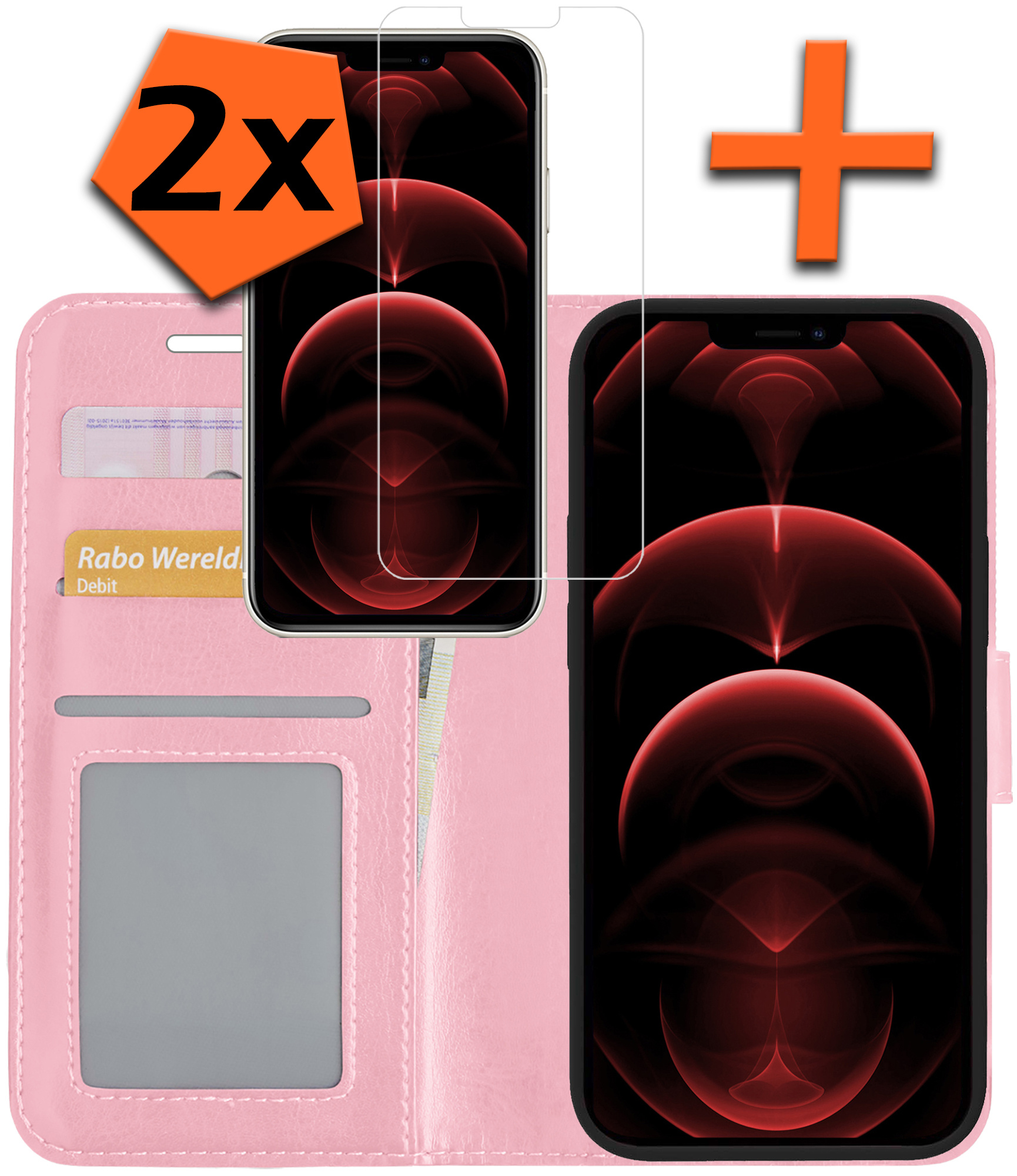 Nomfy Hoesje Geschikt voor iPhone 13 Pro Hoes Bookcase Flipcase Book Cover Met 2x Screenprotector - Hoes Geschikt voor iPhone 13 Pro Hoesje Book Case - Lichtroze