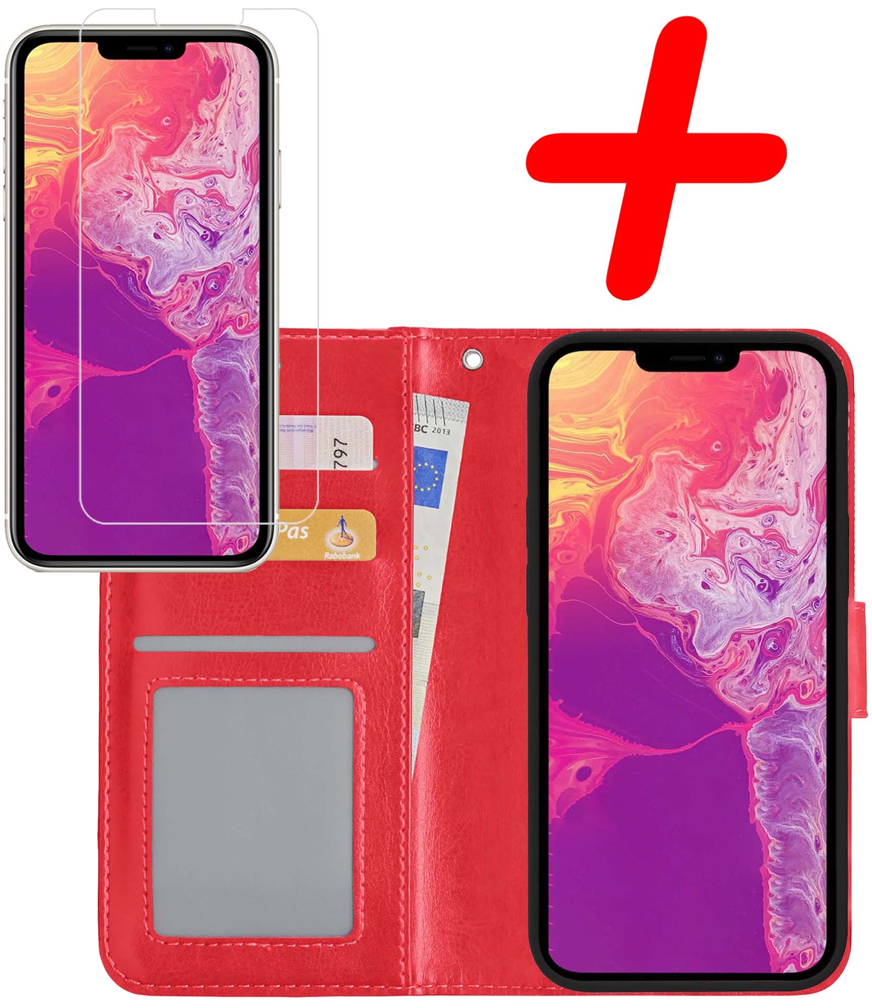 BASEY. Hoes Geschikt voor iPhone 13 Pro Hoesje Bookcase Hoes Flip Case Book Cover Met Screenprotector - Hoesje Geschikt voor iPhone 13 Pro Hoes Book Case Hoesje - Rood