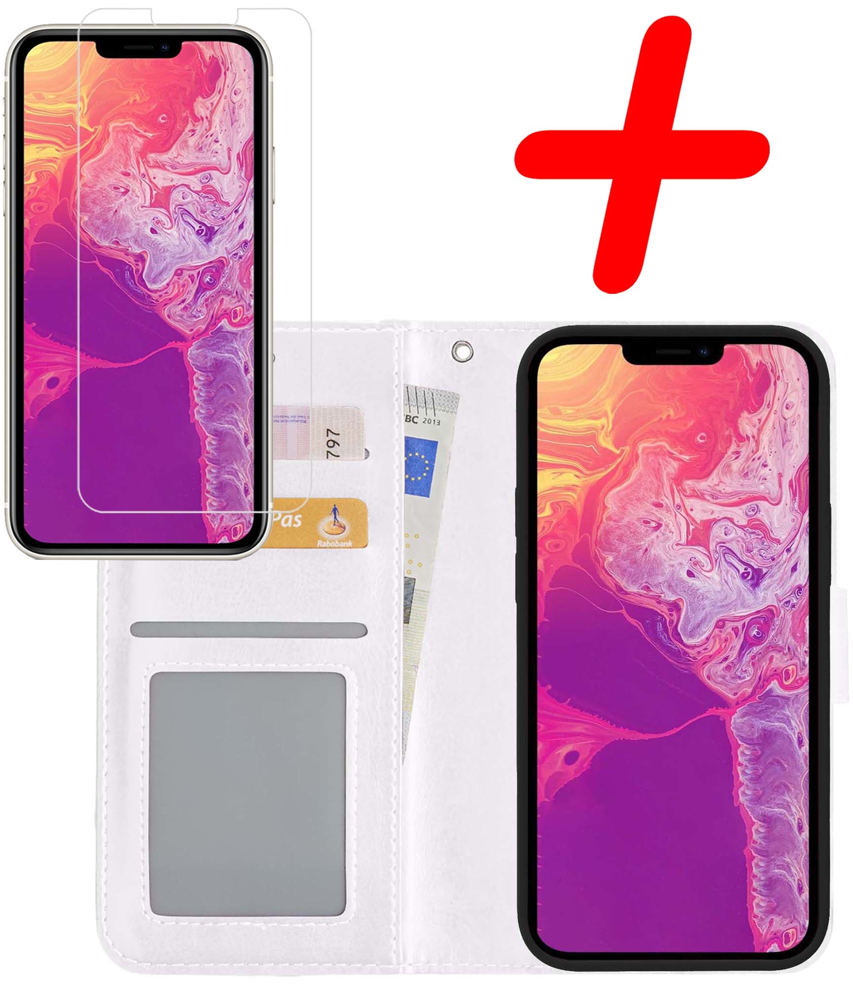 BASEY. Hoes Geschikt voor iPhone 13 Pro Hoesje Bookcase Hoes Flip Case Book Cover Met Screenprotector - Hoesje Geschikt voor iPhone 13 Pro Hoes Book Case Hoesje - Wit