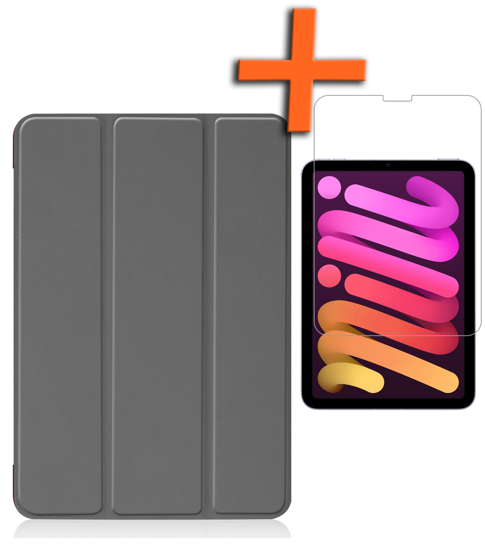 Nomfy Hoes Geschikt voor iPad Mini 6 Hoes Tri-fold Tablet Hoesje Case Met Screenprotector - Hoesje Geschikt voor iPad Mini 6 Hoesje Hardcover Bookcase - Grijs