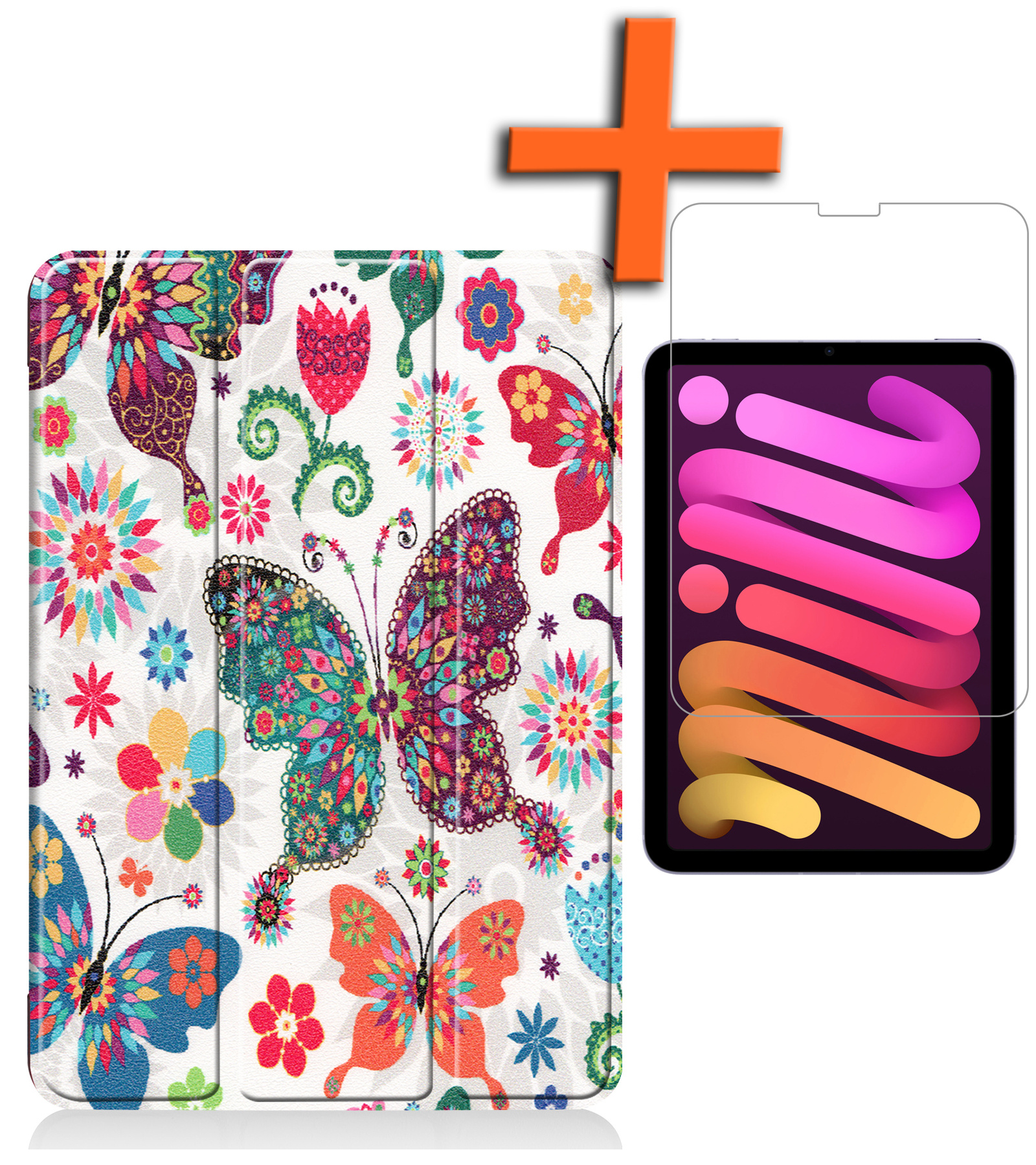 Nomfy Hoes Geschikt voor iPad Mini 6 Hoes Tri-fold Tablet Hoesje Case Met Screenprotector - Hoesje Geschikt voor iPad Mini 6 Hoesje Hardcover Bookcase - Vlinders