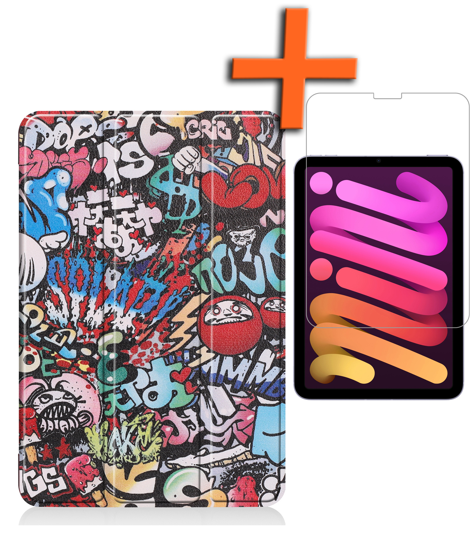 Nomfy iPad Mini 6 Hoes Graffiti Book Case Cover Met Screenprotector - iPad Mini 6 Book Case Graffiti - iPad Mini 6 Hoesje Met Beschermglas