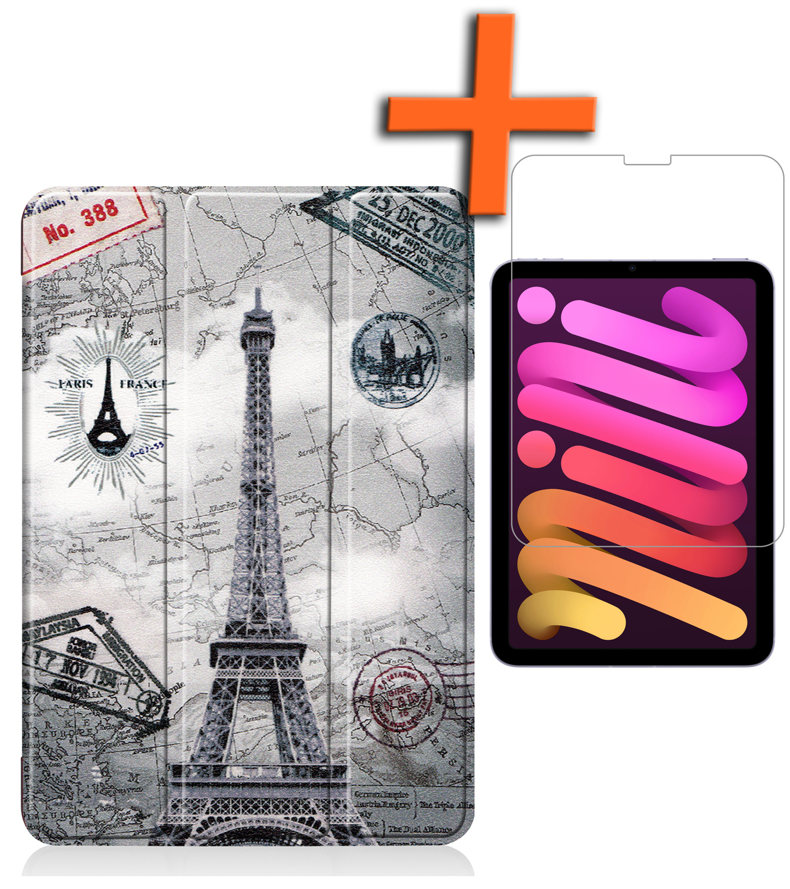 Nomfy Hoes Geschikt voor iPad Mini 6 Hoes Tri-fold Tablet Hoesje Case Met Screenprotector - Hoesje Geschikt voor iPad Mini 6 Hoesje Hardcover Bookcase - Eiffeltoren