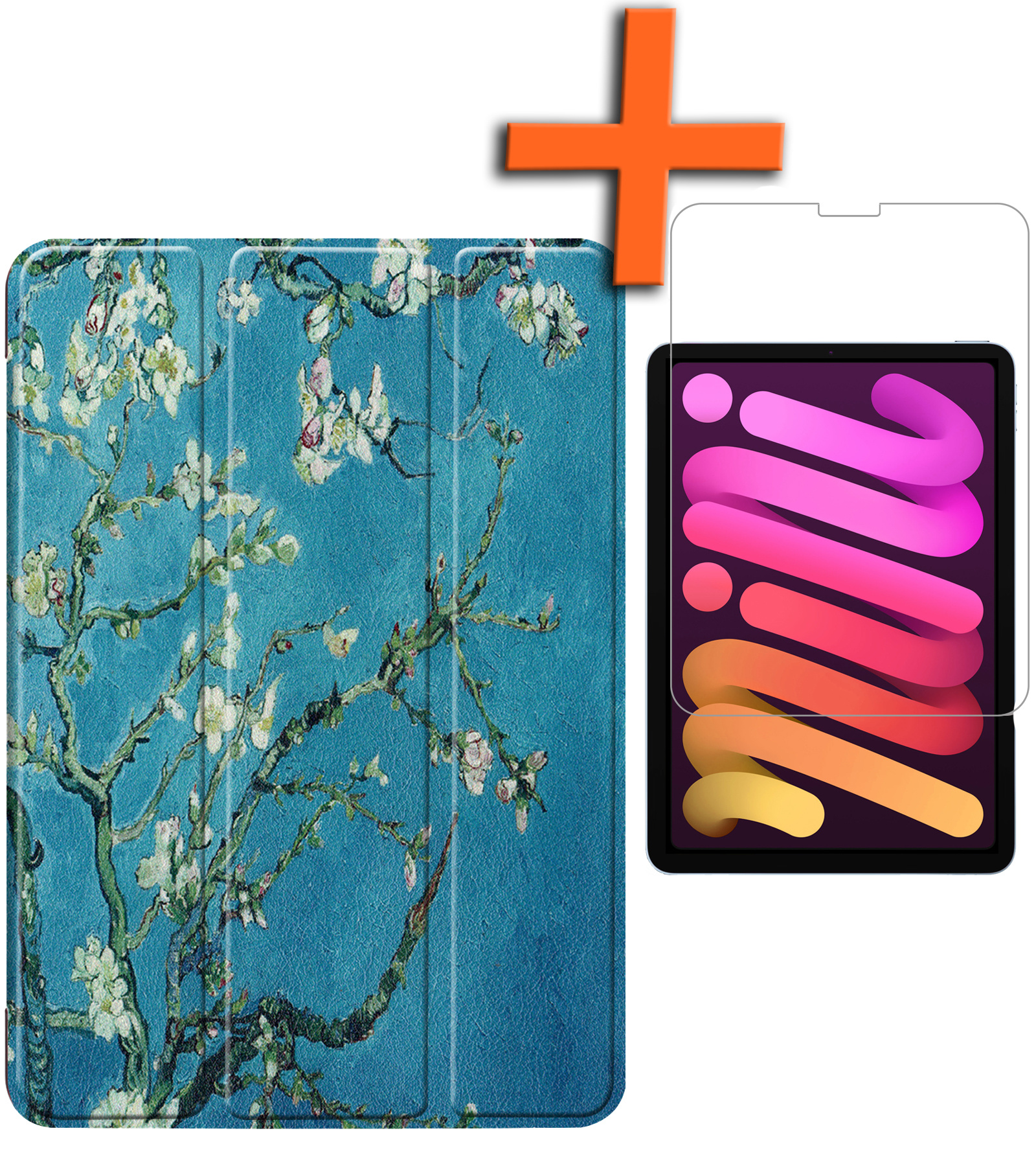 Nomfy Hoes Geschikt voor iPad Mini 6 Hoes Tri-fold Tablet Hoesje Case Met Screenprotector - Hoesje Geschikt voor iPad Mini 6 Hoesje Hardcover Bookcase - Bloesem