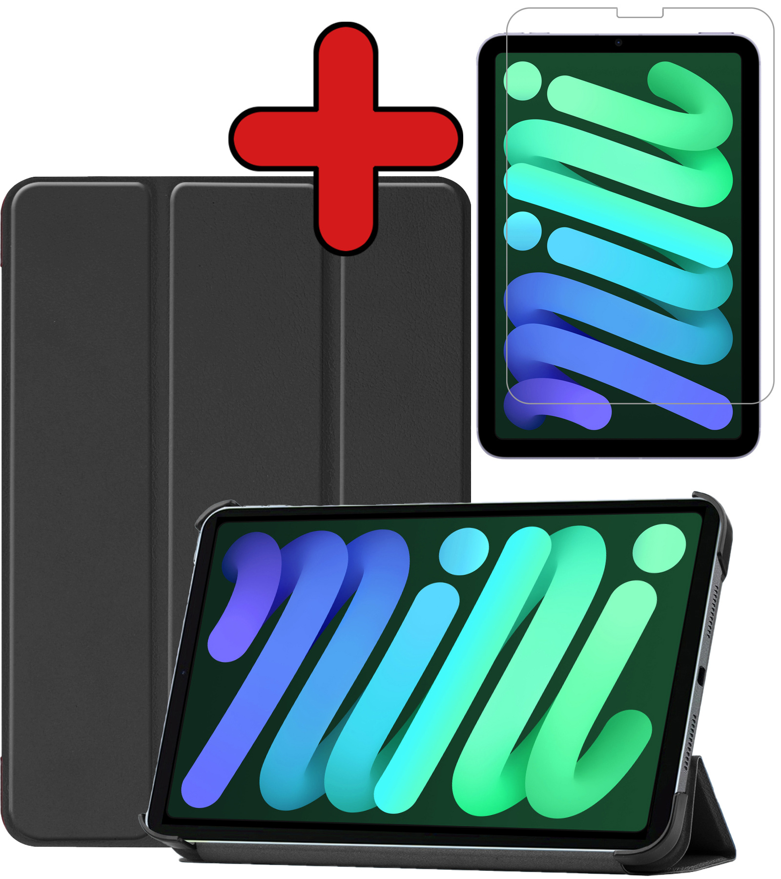 BASEY. Hoesje Geschikt voor iPad Mini 6 Hoes Case Tablet Hoesje Tri-fold Met Screenprotector - Hoes Geschikt voor iPad Mini 6 Hoesje Hard Cover Bookcase Hoes - Zwart