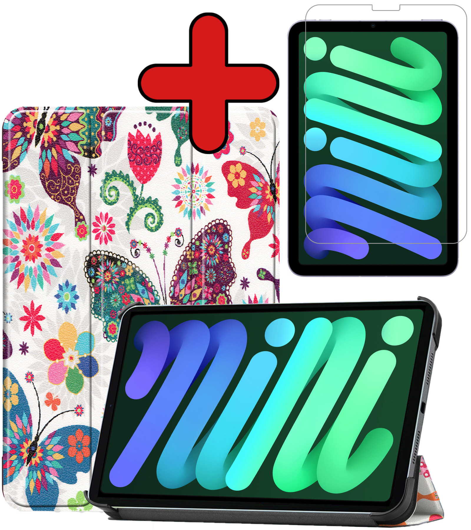BASEY. Hoesje Geschikt voor iPad Mini 6 Hoes Case Tablet Hoesje Tri-fold Met Screenprotector - Hoes Geschikt voor iPad Mini 6 Hoesje Hard Cover Bookcase Hoes - Vlinders