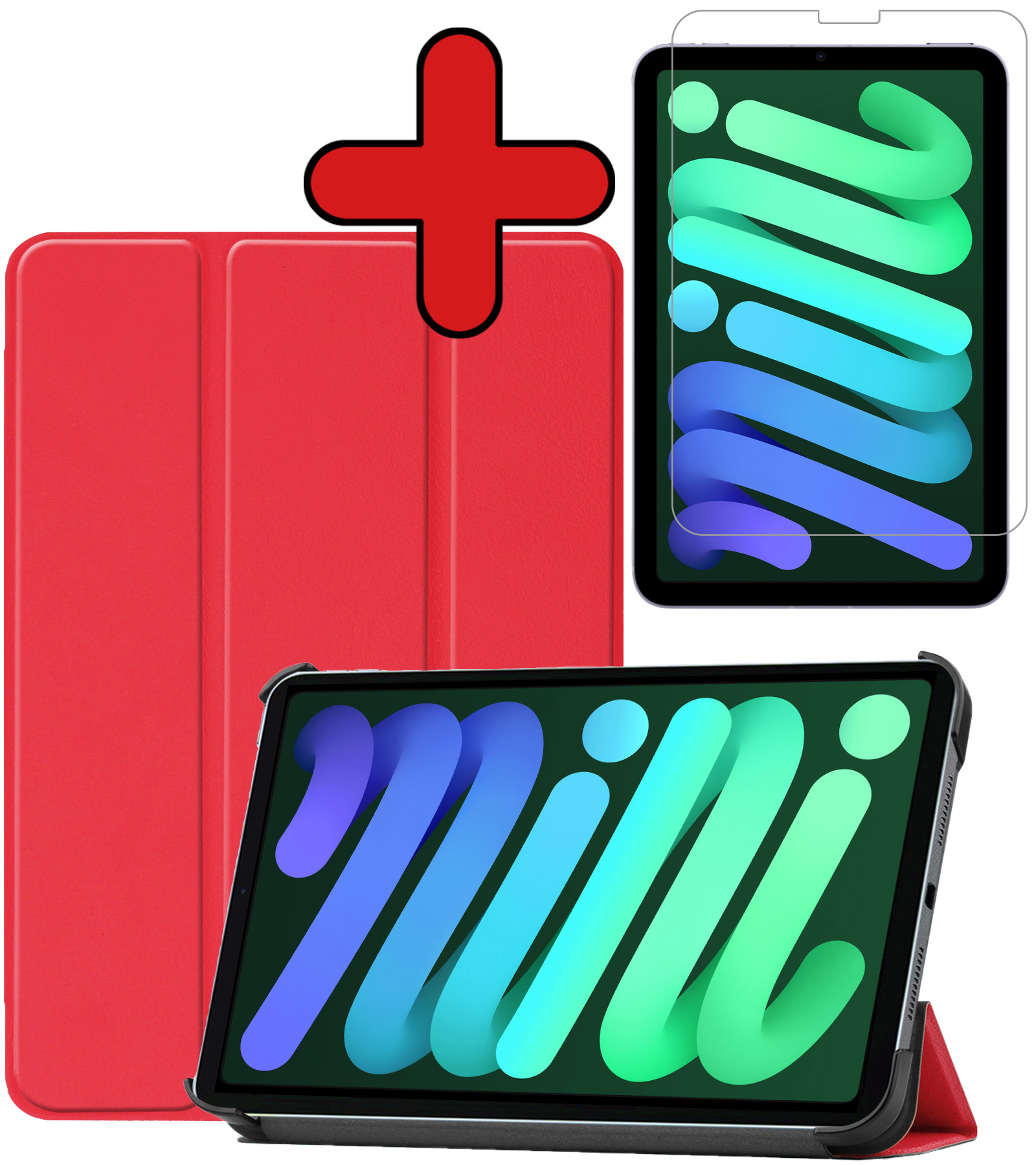 BASEY. Hoesje Geschikt voor iPad Mini 6 Hoes Case Tablet Hoesje Tri-fold Met Screenprotector - Hoes Geschikt voor iPad Mini 6 Hoesje Hard Cover Bookcase Hoes - Rood