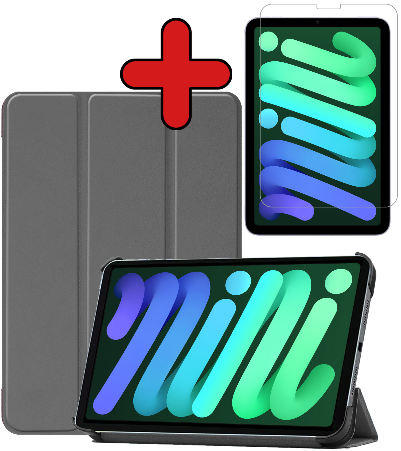 BASEY. Hoesje Geschikt voor iPad Mini 6 Hoes Case Tablet Hoesje Tri-fold Met Screenprotector - Hoes Geschikt voor iPad Mini 6 Hoesje Hard Cover Bookcase Hoes - Grijs