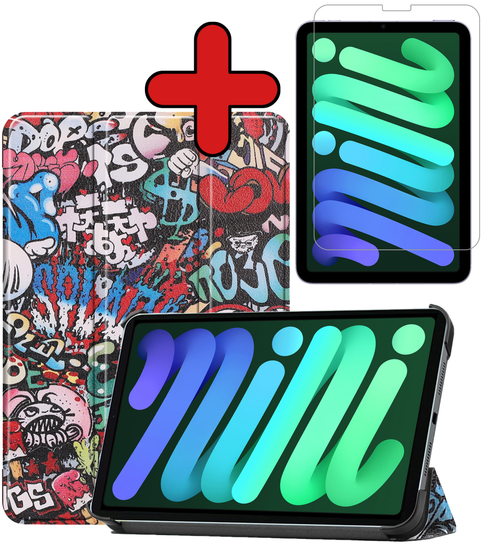 BASEY. Hoesje Geschikt voor iPad Mini 6 Hoes Case Tablet Hoesje Tri-fold Met Screenprotector - Hoes Geschikt voor iPad Mini 6 Hoesje Hard Cover Bookcase Hoes - Graffity