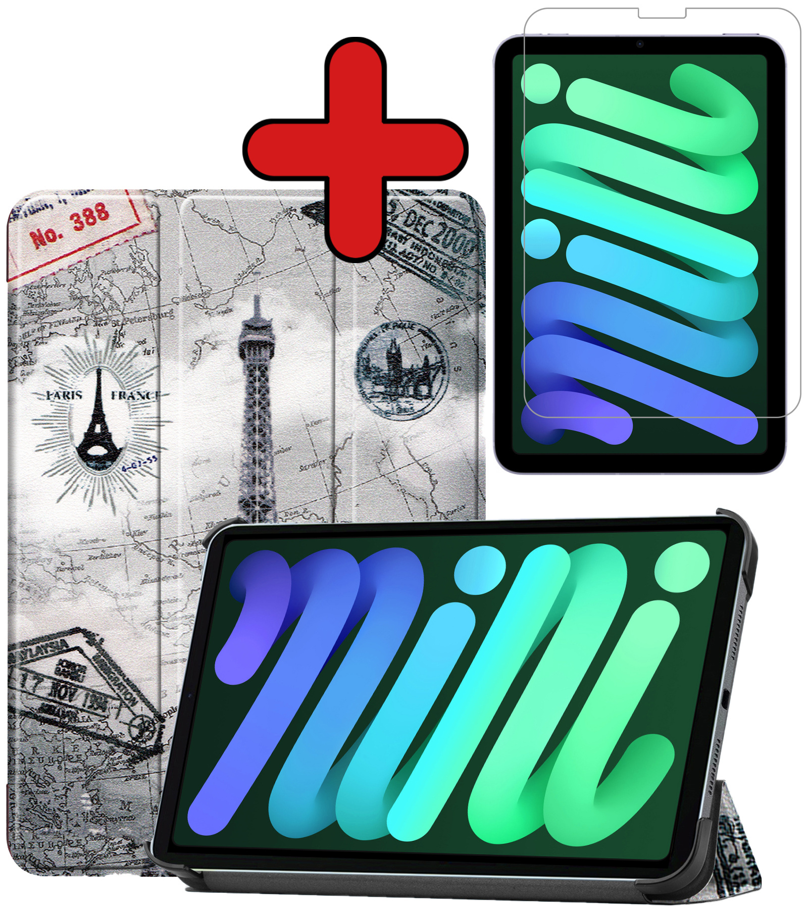 BASEY. Hoesje Geschikt voor iPad Mini 6 Hoes Case Tablet Hoesje Tri-fold Met Screenprotector - Hoes Geschikt voor iPad Mini 6 Hoesje Hard Cover Bookcase Hoes - Eiffeltoren