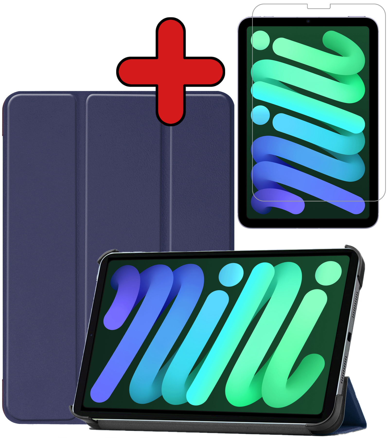 BASEY. Hoesje Geschikt voor iPad Mini 6 Hoes Case Tablet Hoesje Tri-fold Met Screenprotector - Hoes Geschikt voor iPad Mini 6 Hoesje Hard Cover Bookcase Hoes - Donkerblauw