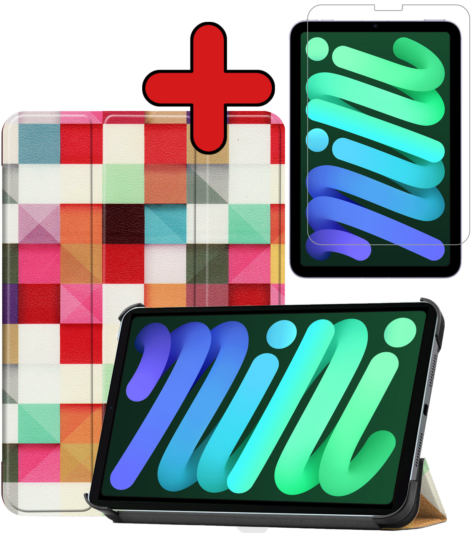 BASEY. Hoesje Geschikt voor iPad Mini 6 Hoes Case Tablet Hoesje Tri-fold Met Screenprotector - Hoes Geschikt voor iPad Mini 6 Hoesje Hard Cover Bookcase Hoes - Blokken