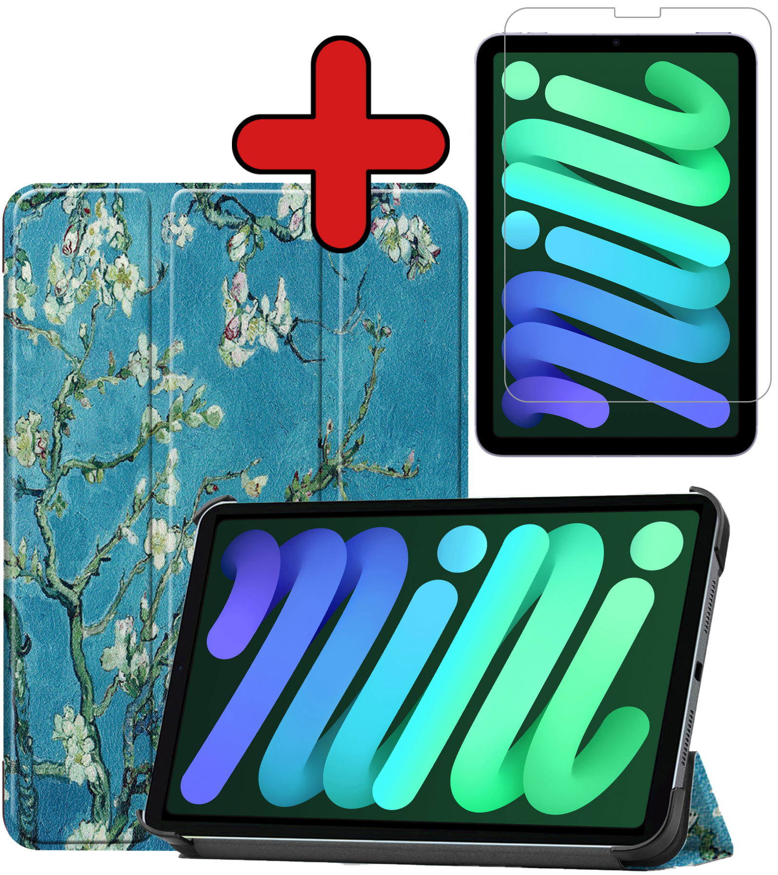 BASEY. Hoesje Geschikt voor iPad Mini 6 Hoes Case Tablet Hoesje Tri-fold Met Screenprotector - Hoes Geschikt voor iPad Mini 6 Hoesje Hard Cover Bookcase Hoes - Bloesem