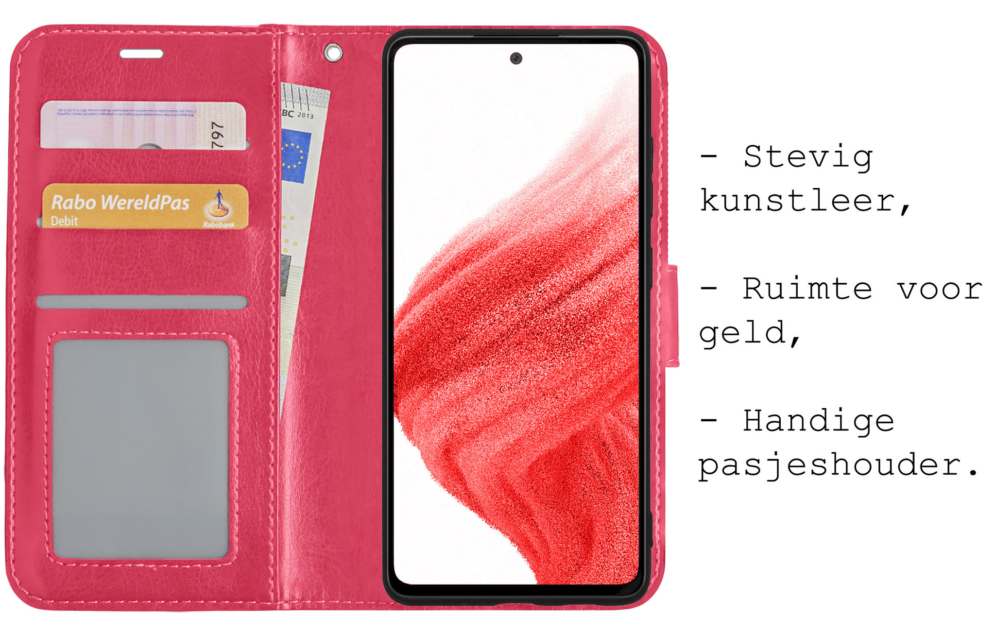 BASEY. Hoes Geschikt voor Samsung A53 Hoesje Bookcase Hoes Flip Case Book Cover Met 2x Screenprotector - Hoesje Geschikt voor Samsung Galaxy A53 Hoes Book Case Hoesje - Donkerroze