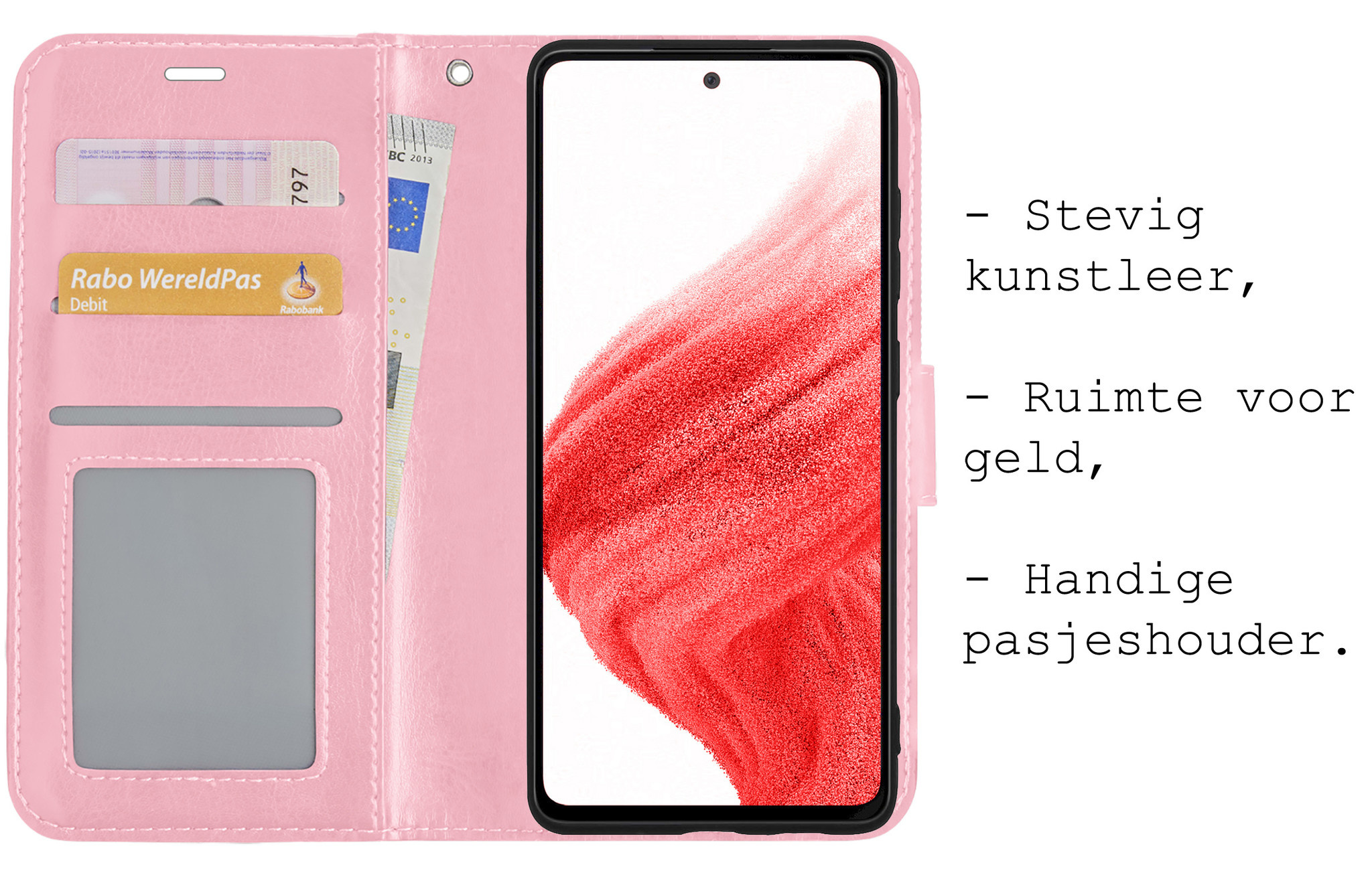 BASEY. Hoes Geschikt voor Samsung A53 Hoesje Bookcase Hoes Flip Case Book Cover Met 2x Screenprotector - Hoesje Geschikt voor Samsung Galaxy A53 Hoes Book Case Hoesje - Lichtroze
