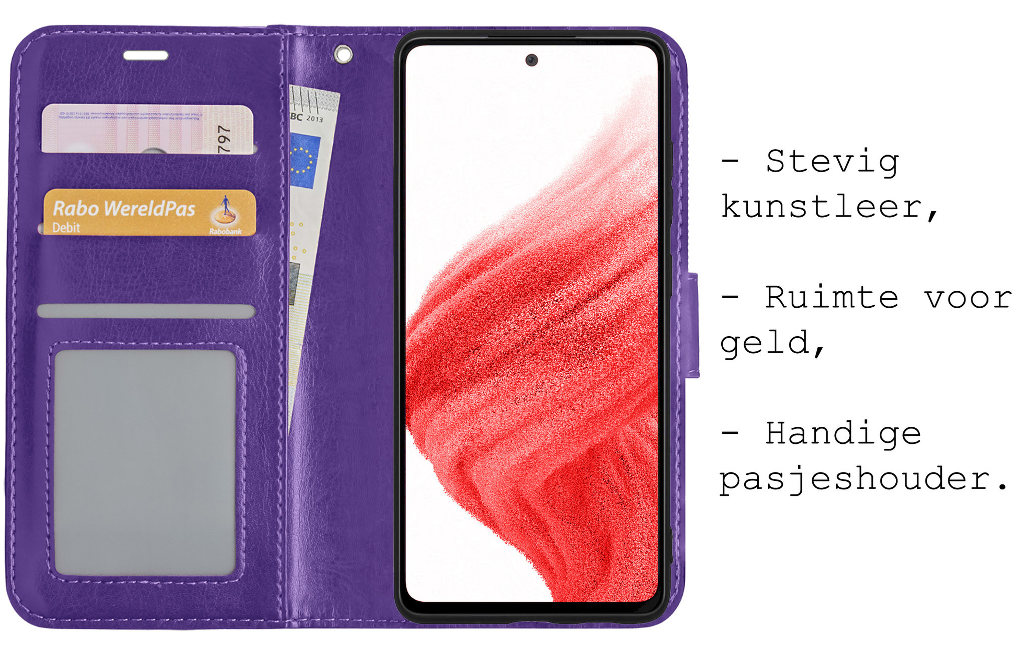 BASEY. Hoes Geschikt voor Samsung A53 Hoesje Bookcase Hoes Flip Case Book Cover Met 2x Screenprotector - Hoesje Geschikt voor Samsung Galaxy A53 Hoes Book Case Hoesje - Paars