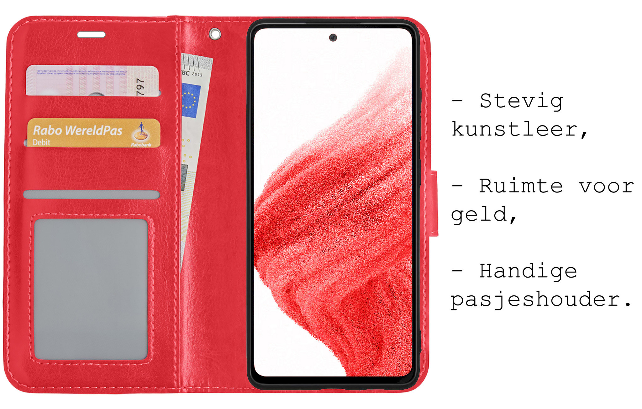 BASEY. Hoes Geschikt voor Samsung A53 Hoesje Bookcase Hoes Flip Case Book Cover Met 2x Screenprotector - Hoesje Geschikt voor Samsung Galaxy A53 Hoes Book Case Hoesje - Rood