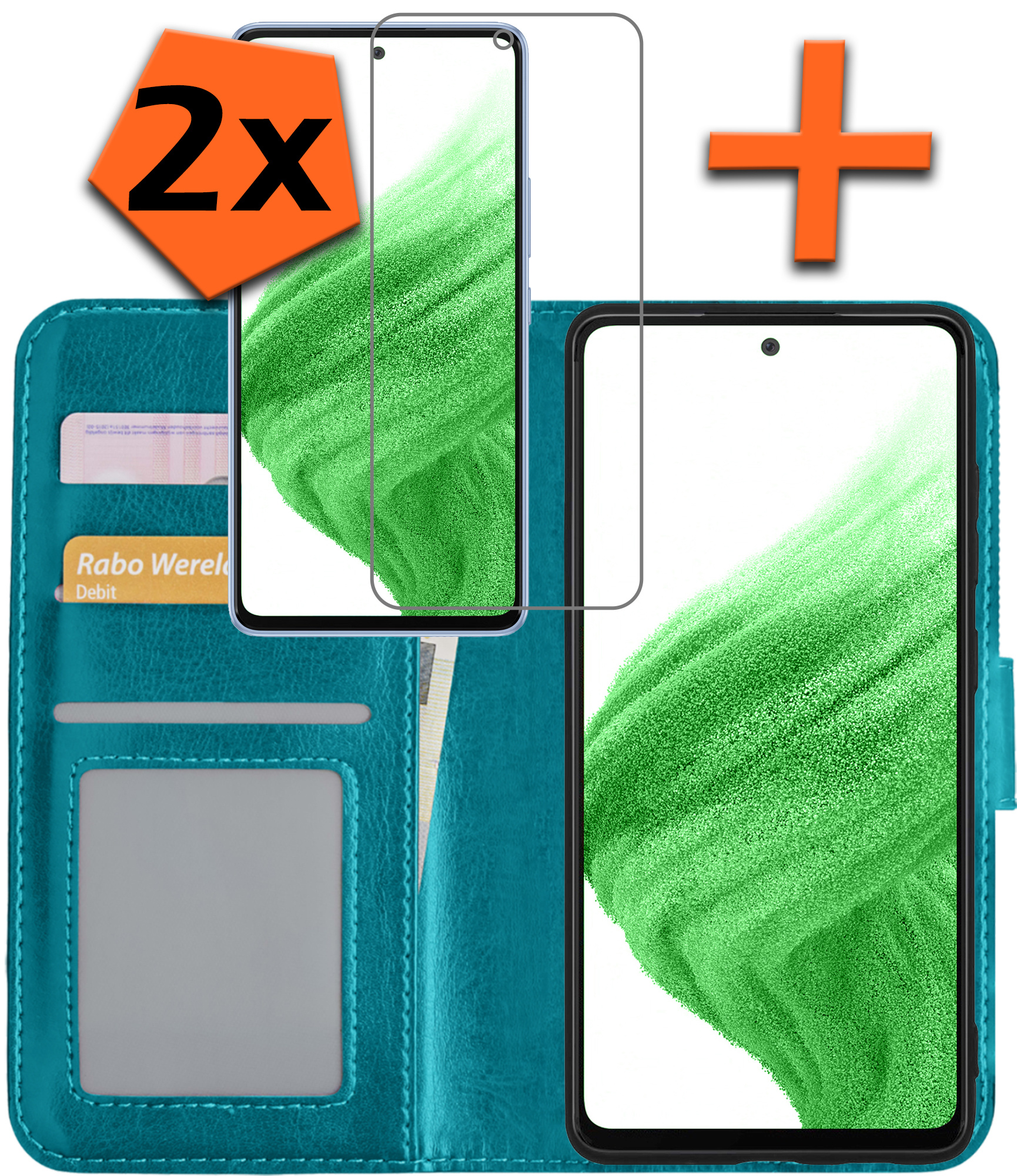 Nomfy Hoesje Geschikt voor Samsung A53 Hoes Bookcase Flipcase Book Cover Met 2x Screenprotector - Hoes Geschikt voor Samsung Galaxy A53 Hoesje Book Case - Turquoise