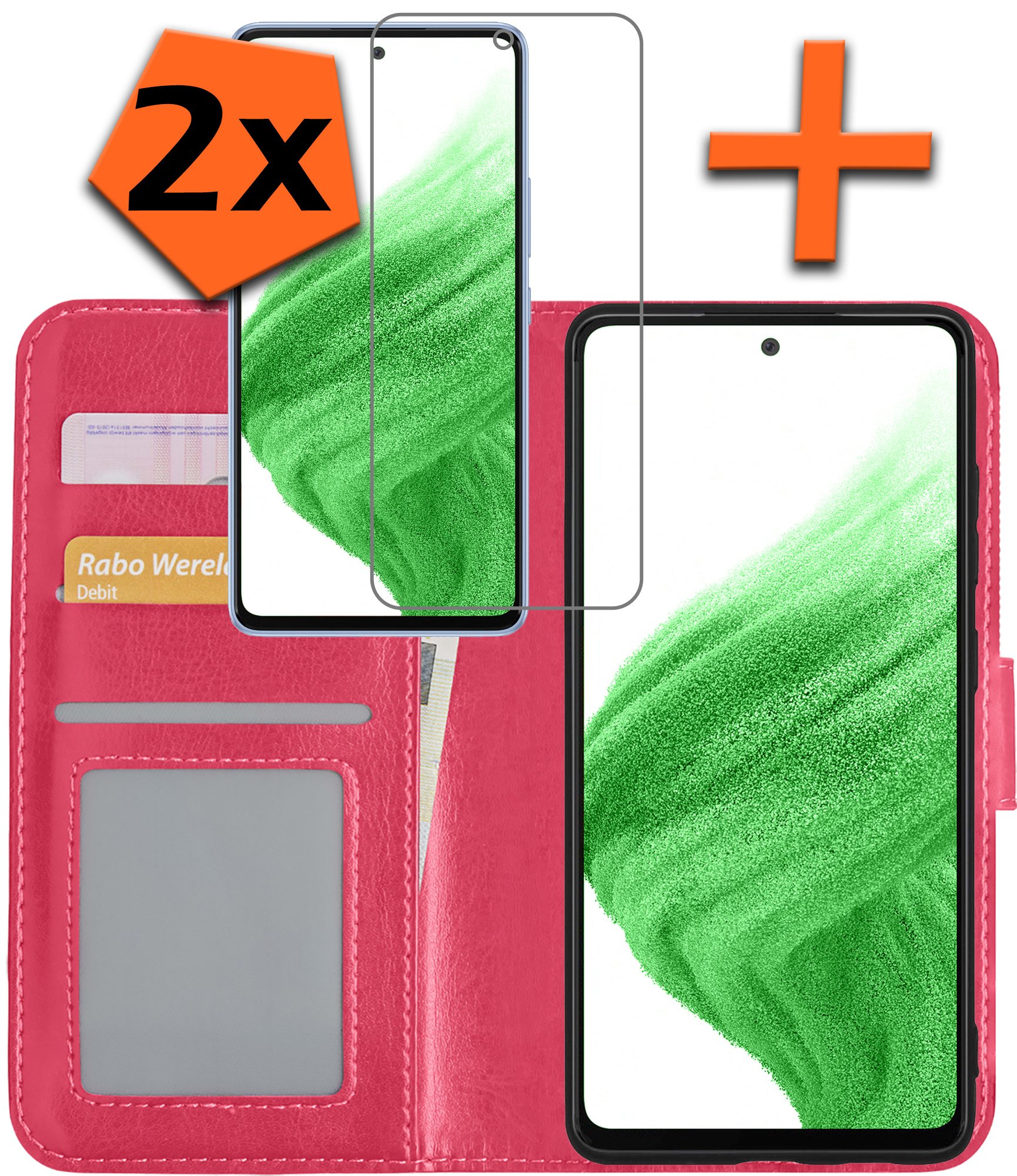 Nomfy Hoesje Geschikt voor Samsung A53 Hoes Bookcase Flipcase Book Cover Met 2x Screenprotector - Hoes Geschikt voor Samsung Galaxy A53 Hoesje Book Case - Donkerroze