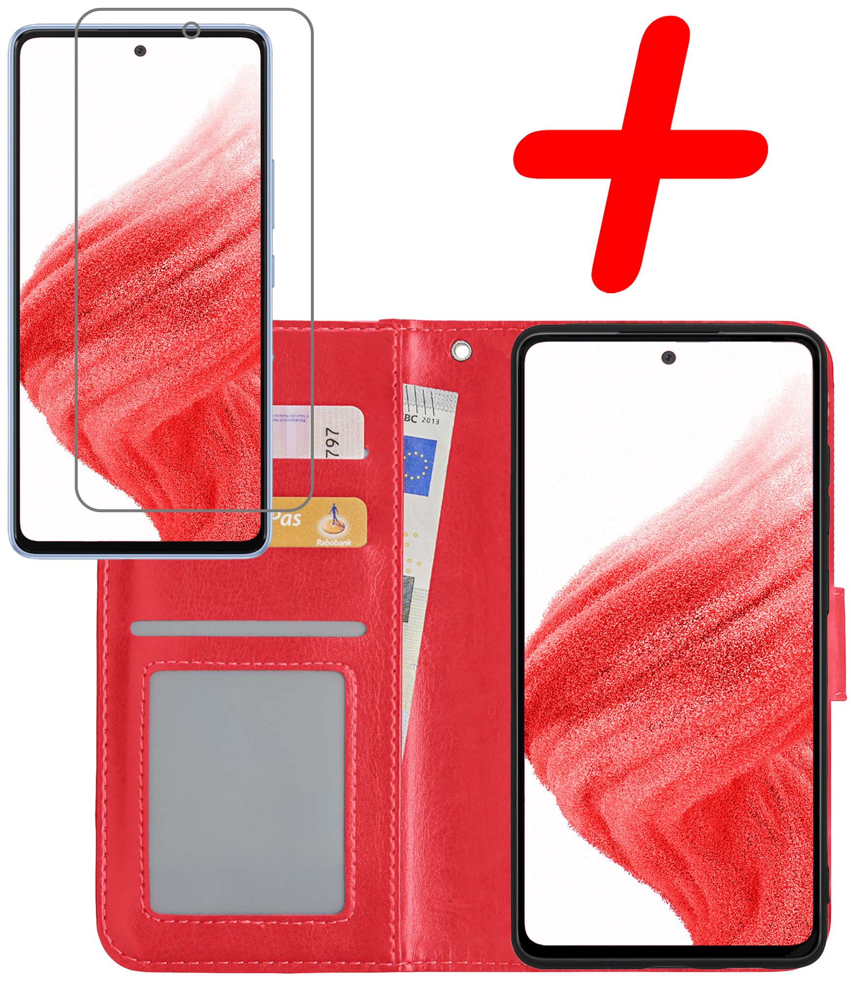 BASEY. Hoes Geschikt voor Samsung A53 Hoesje Bookcase Hoes Flip Case Book Cover Met Screenprotector - Hoesje Geschikt voor Samsung Galaxy A53 Hoes Book Case Hoesje - Rood