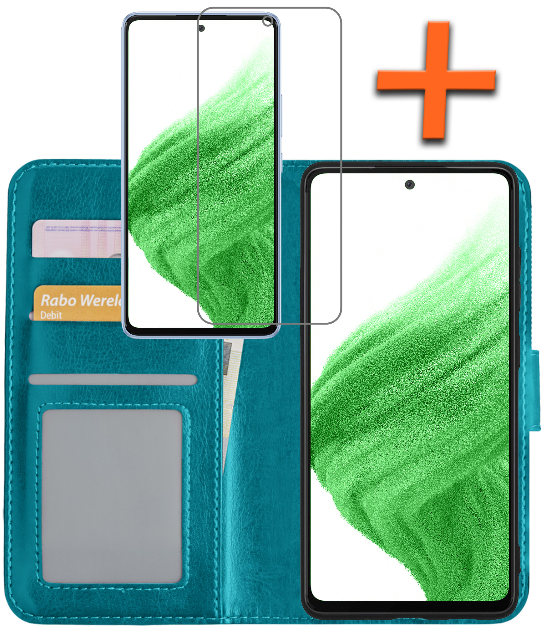 Nomfy Hoesje Geschikt voor Samsung A53 Hoes Bookcase Flipcase Book Cover Met Screenprotector - Hoes Geschikt voor Samsung Galaxy A53 Hoesje Book Case - Turquoise