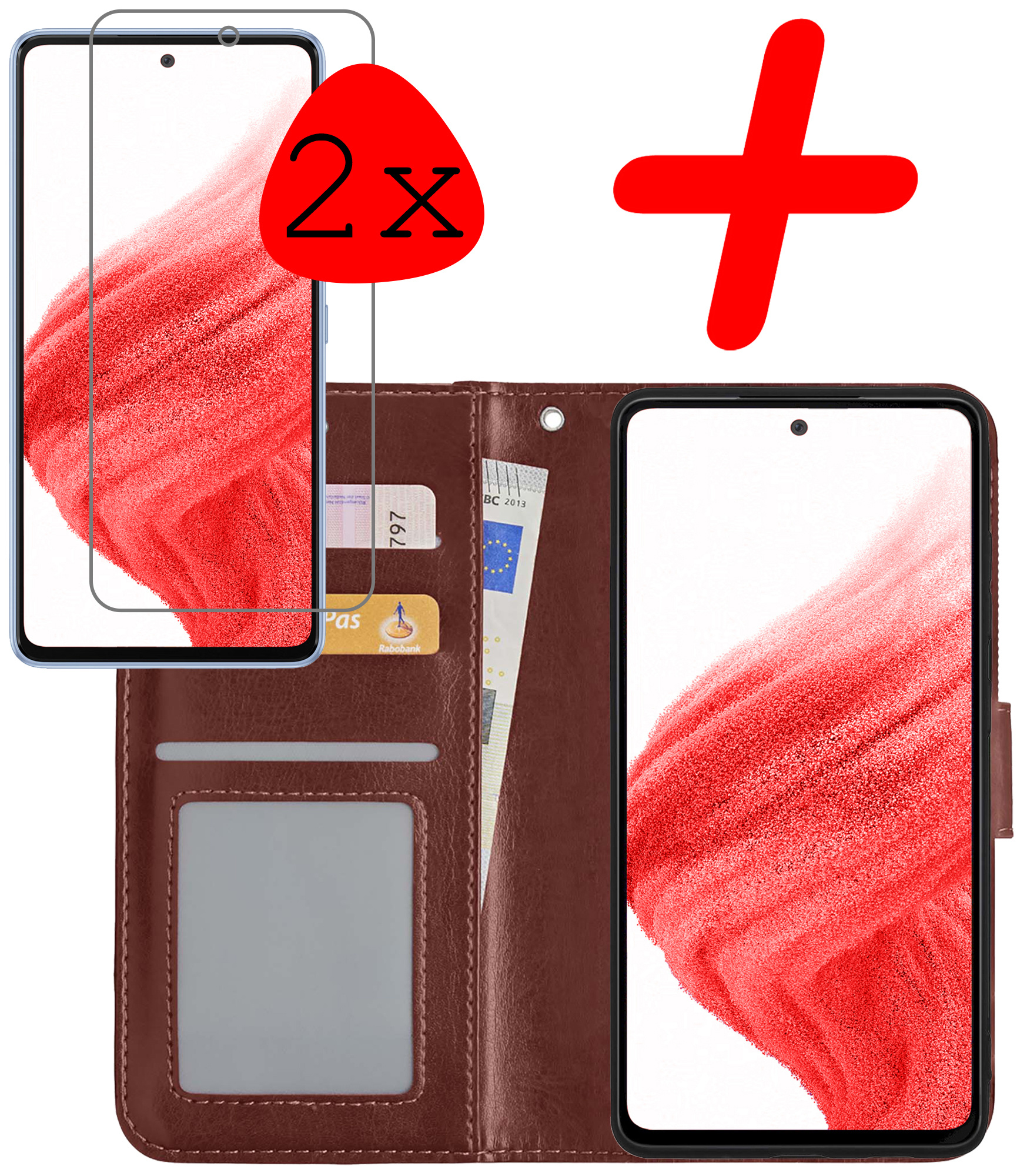 BASEY. Hoes Geschikt voor Samsung A53 Hoesje Bookcase Hoes Flip Case Book Cover Met 2x Screenprotector - Hoesje Geschikt voor Samsung Galaxy A53 Hoes Book Case Hoesje - Bruin