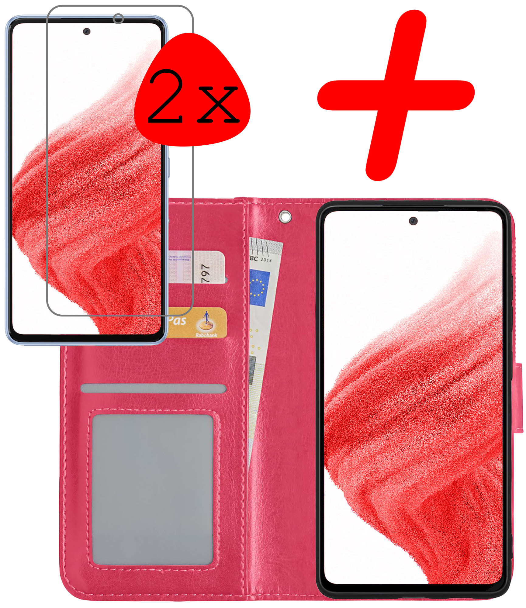 BASEY. Hoes Geschikt voor Samsung A53 Hoesje Bookcase Hoes Flip Case Book Cover Met 2x Screenprotector - Hoesje Geschikt voor Samsung Galaxy A53 Hoes Book Case Hoesje - Donkerroze